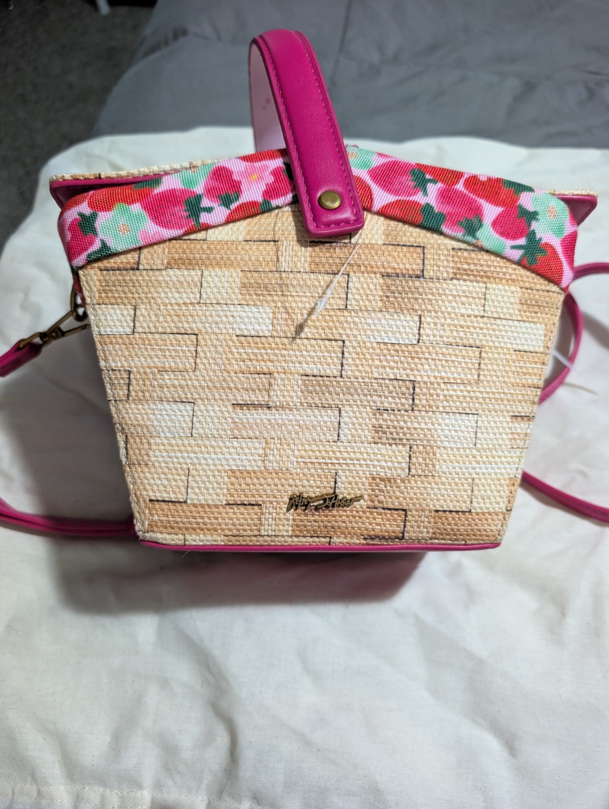 Betsey Johnson Strawberry Satchel Top Handle Bag Pink/Beige Detachable Strap