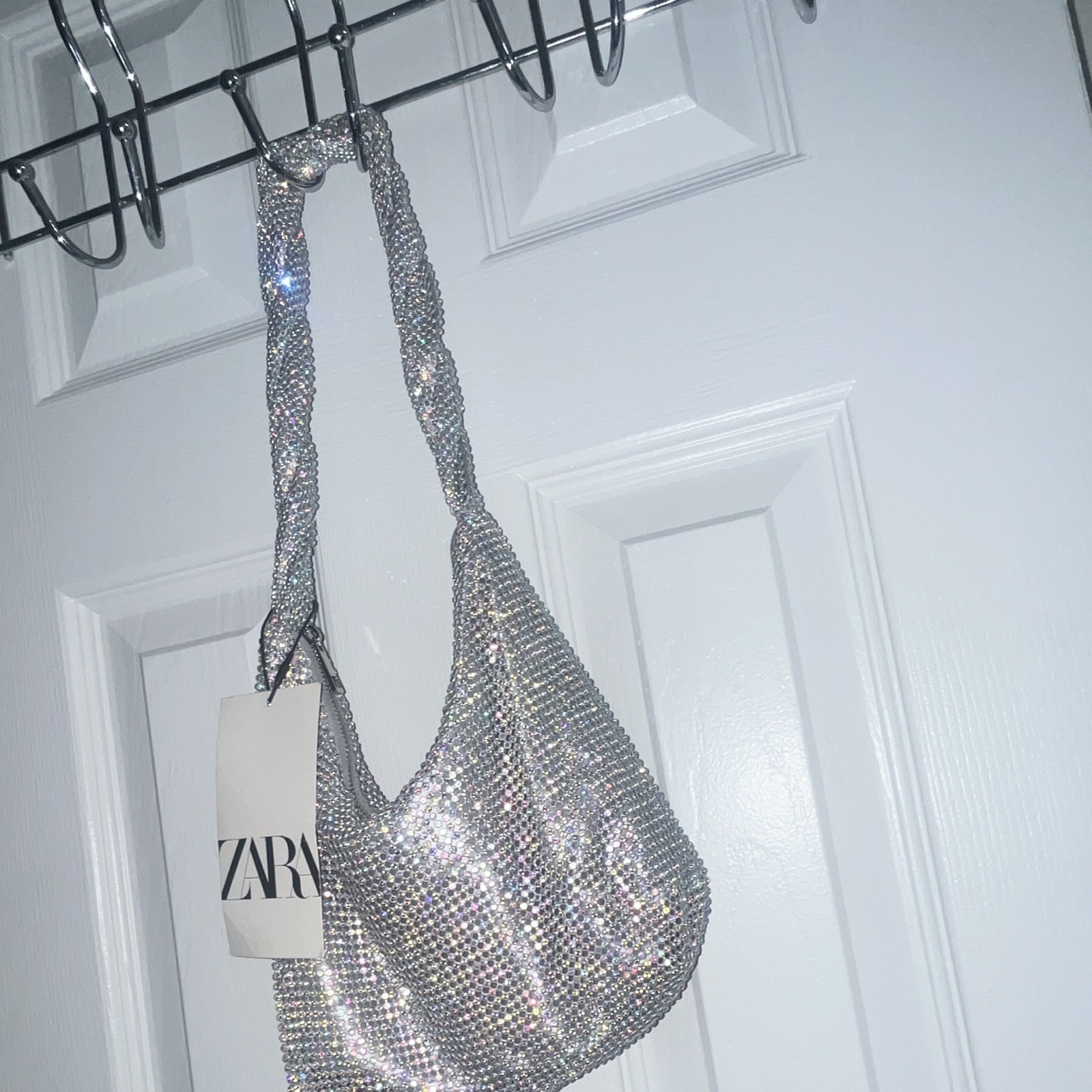 Zara Silver Rhinestone Mesh Crescent Shoulder Bag Purse w/ Shoulder Strap