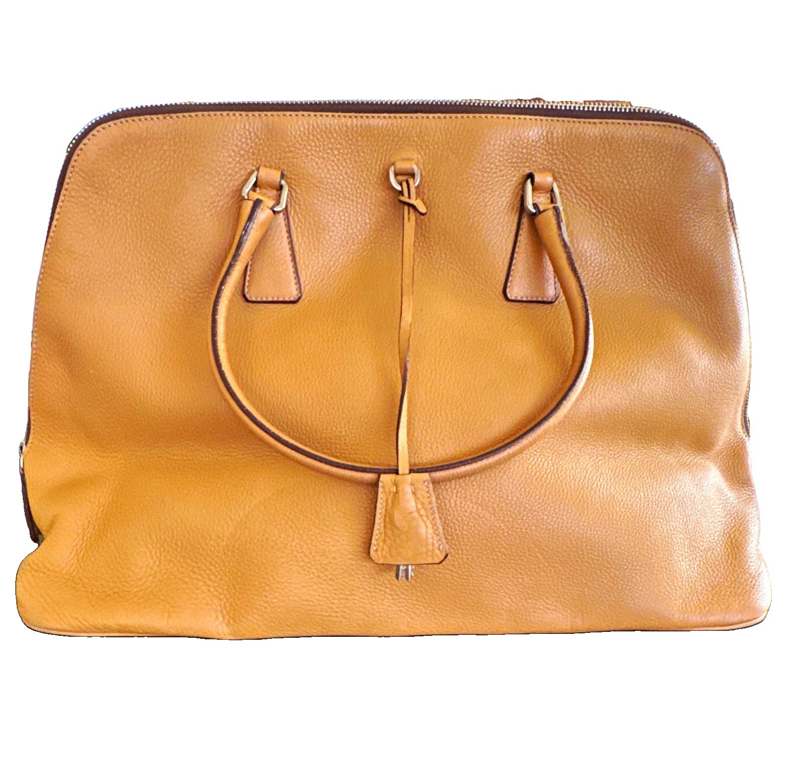 PRADA Tan Pebbled Large Satchel Zip Padlock Closure Lock Key Dust Bag Pockets