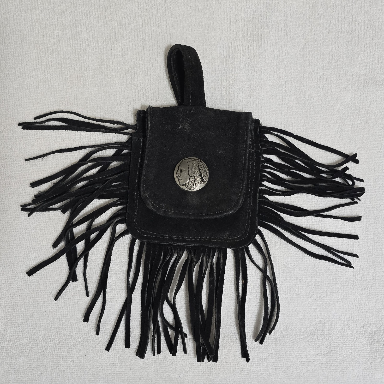 VTG Black Leather Fringe Belt Bag Concho Biker Western Hip Pouch Small 4.5″ X 5″