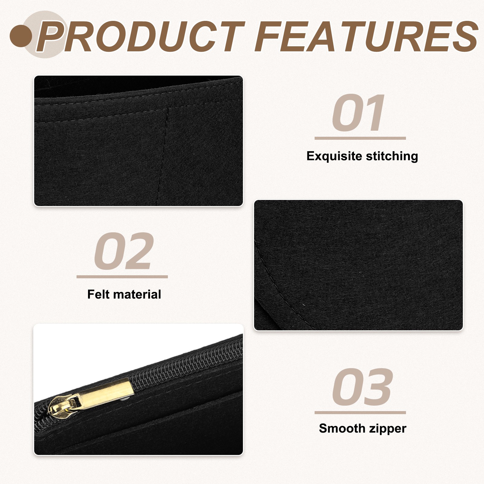 Black Medium Felt Purse Organizer Insert for Underarm Bag, 26 x 8 x 12.5cm