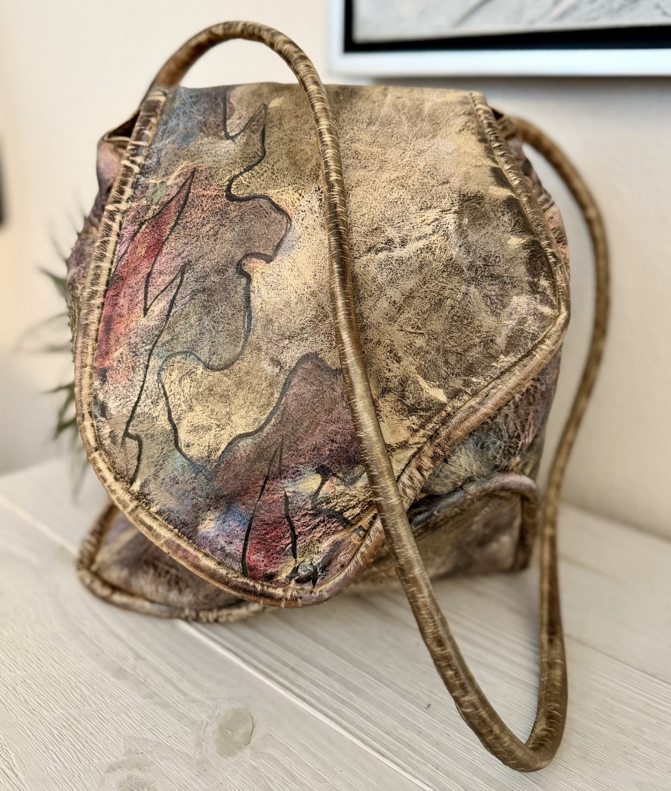 VTG Jane Yoo Handpainted Purse Shoulder Bag Leather Signed Wearable Art Boho 80s