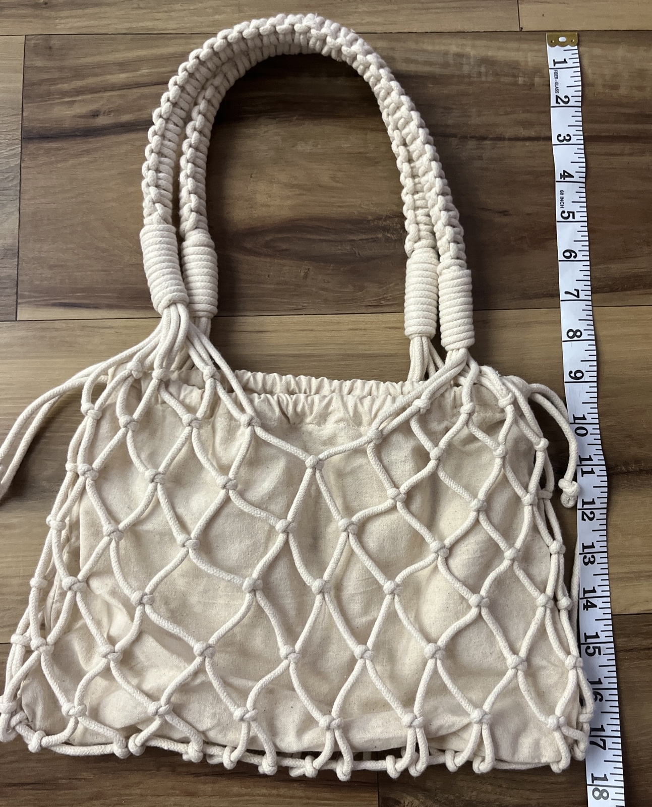 Abercrombie Fitch Macrame Drawstring Bucket Bag Purse Boho Beach Oatmeal