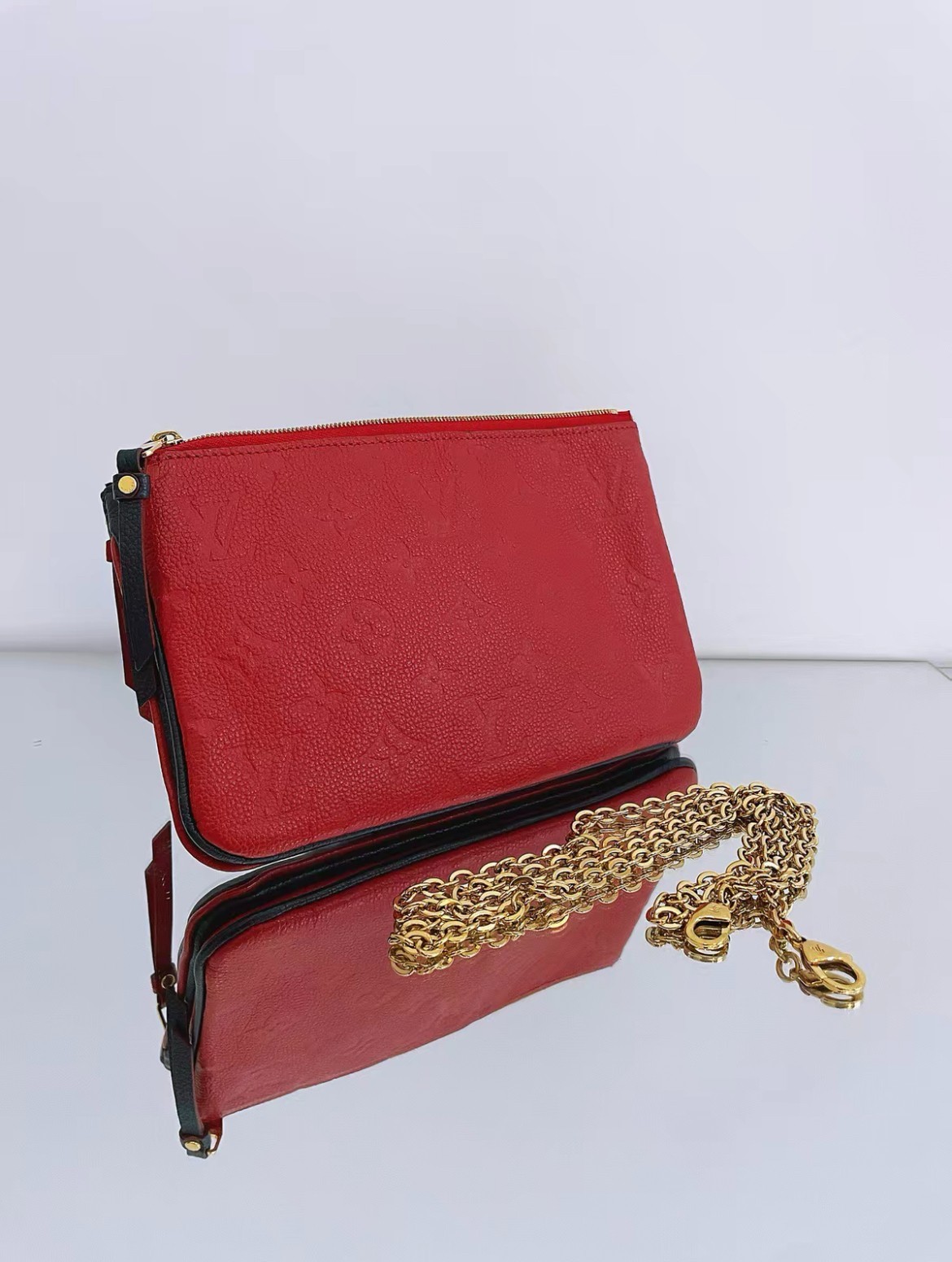 Louis Vuitton Pochette Double Blue Red Chain Two Layer Calfskin Crossbody Bag