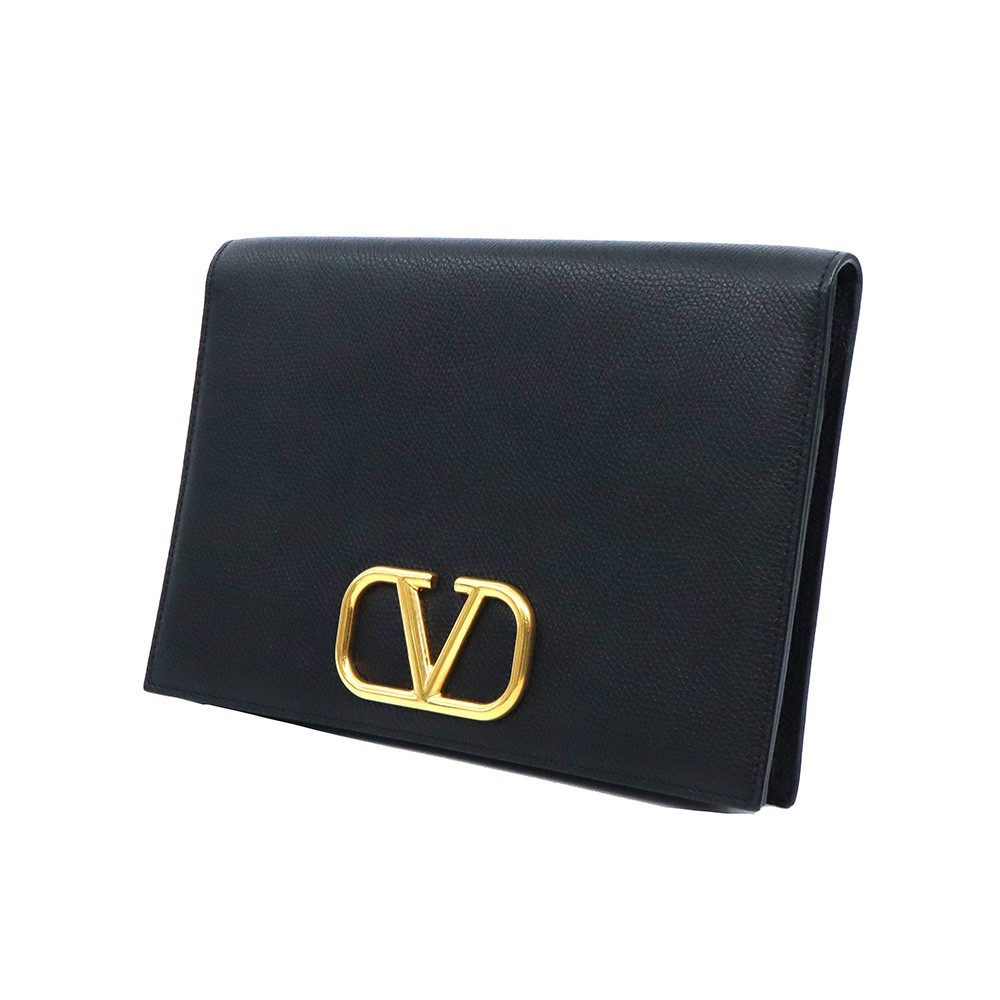 Valentino 822230290 Black Calf Gold V-Logo Flap Clutch