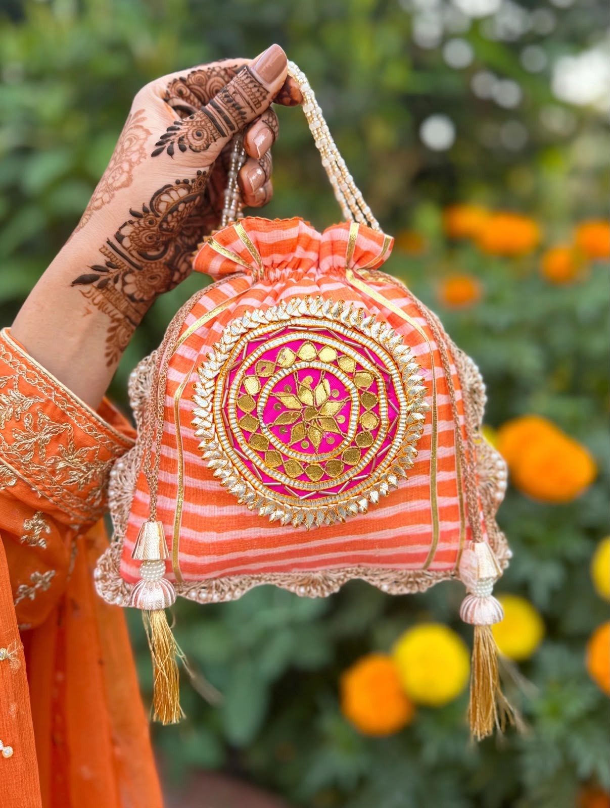 Indian Leheriya Gotta Lining with Pearl Handle Gifting Wedding Favor Potli Bag