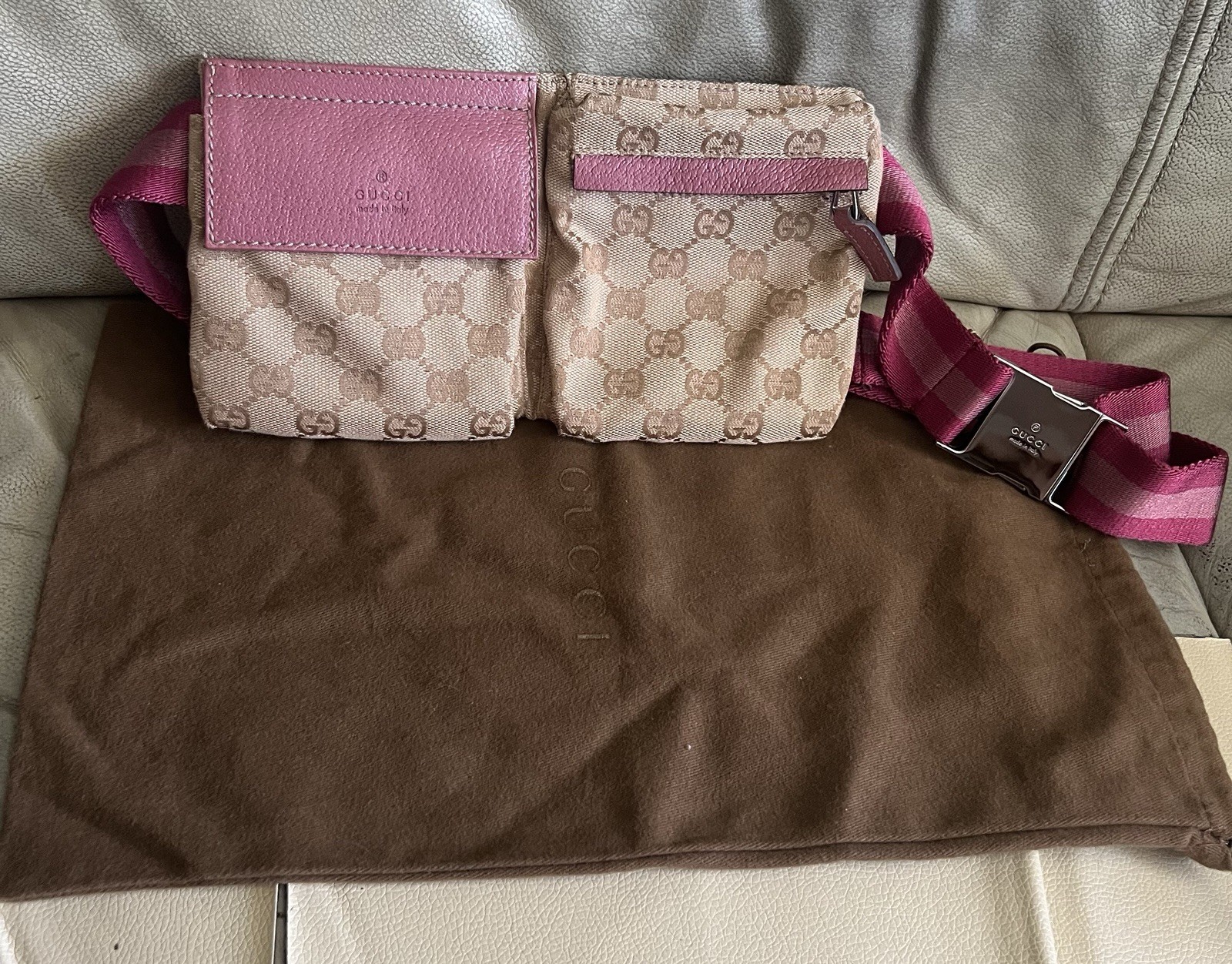 Gucci GG Monogram Canvas Belt Bag Pink Leather Trim Web Strap Waist Pack Italy