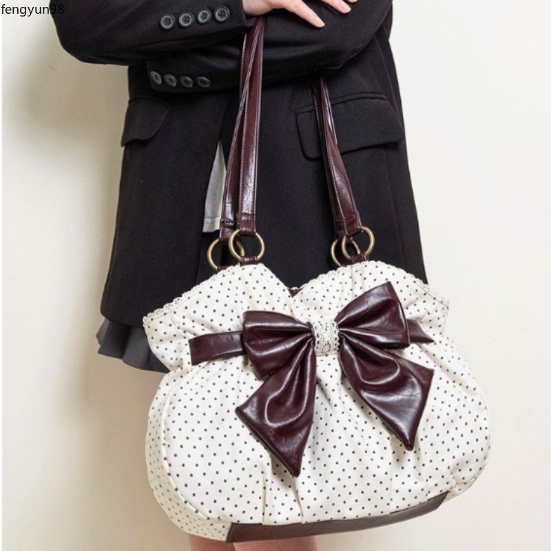 Chic Polka Dot Tote Bag Vintage Women Handbags Shoulder Bag Bow Sweet Bag