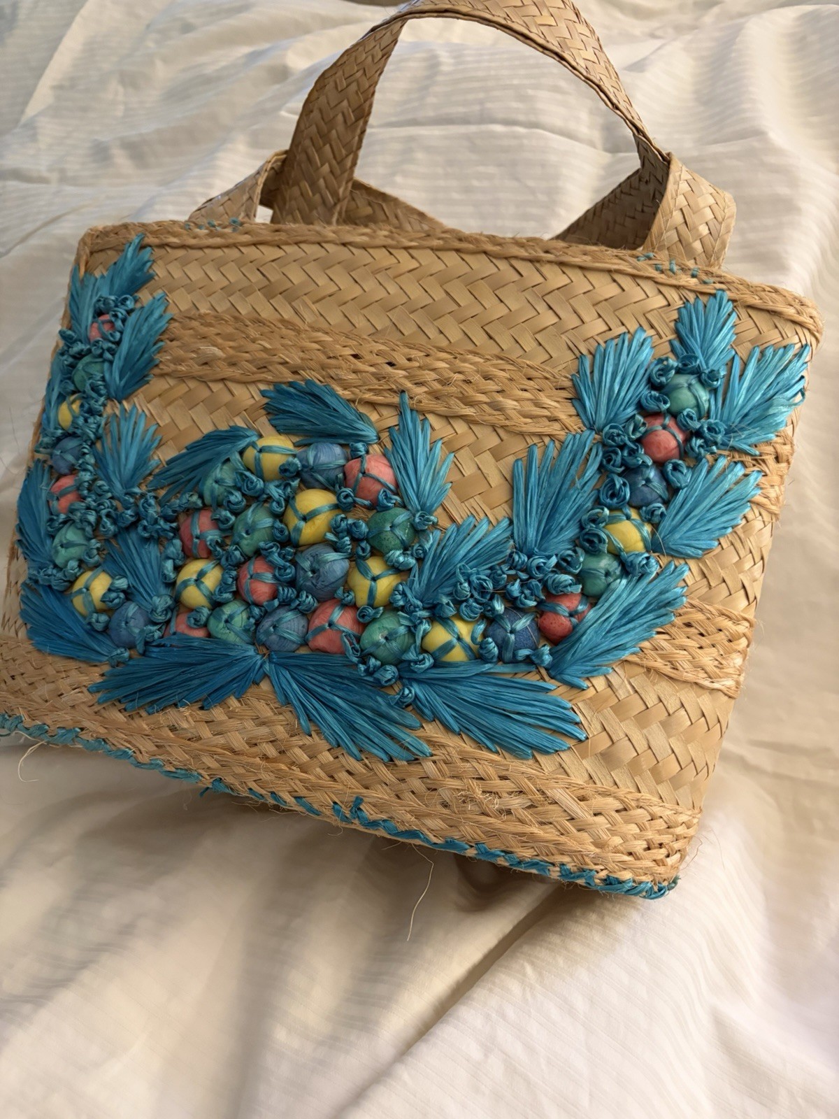 Women’s Medium Woven Tote Handbag, Blue Lined, Beaded Embroidered Trim