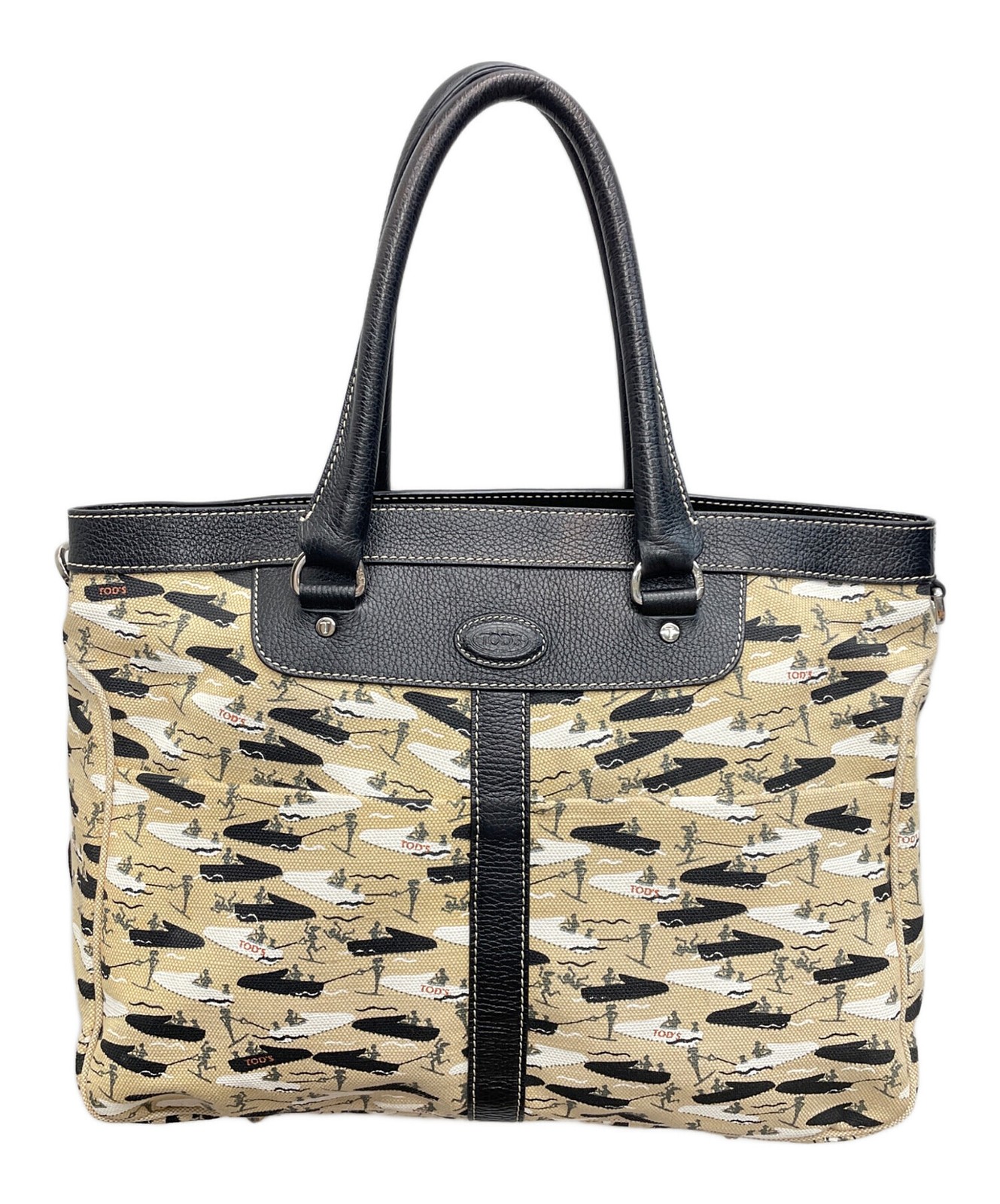 Tods Beige Canvas Leather Tote Boat Waterski Print Outer Pockets Sport Bag