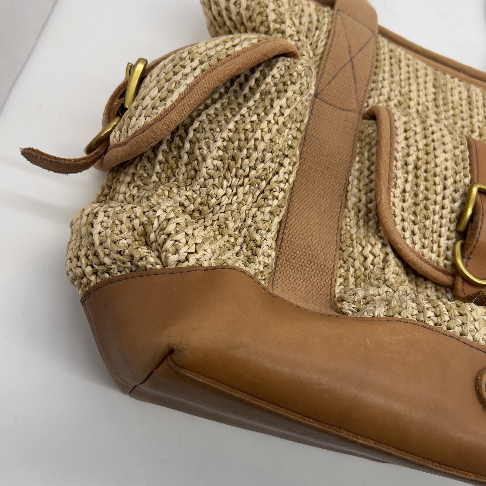 Fossil Handbag Large Weekend Raffia Natural Tote Bag Tan Leather Trim