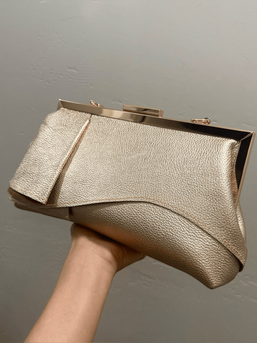 Gold Pebble Leather Handmade Asymmetrical Ruffles Push Lock Frame Bag
