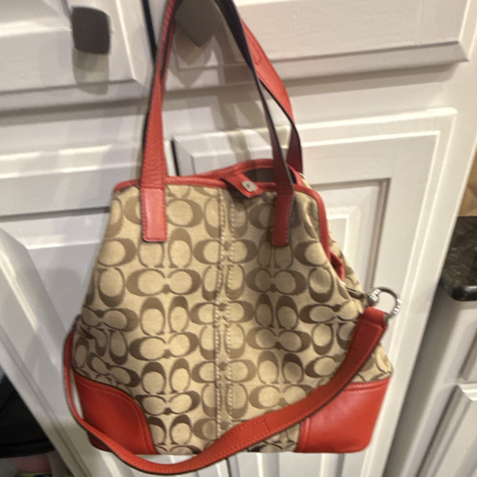 Coach Logo Beige Red Leather Trim Shoulder Bag Double Handles Inner Pockets