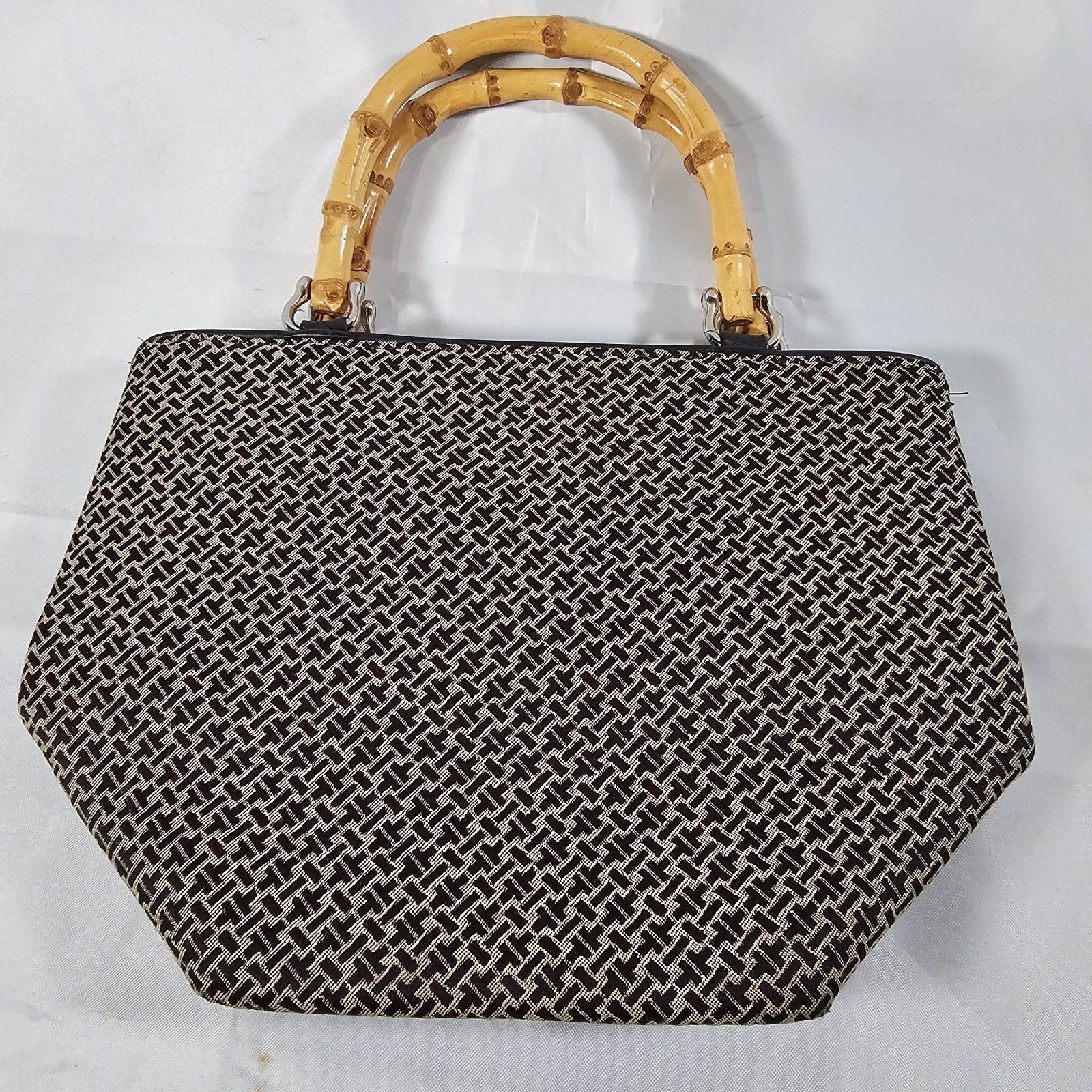 TALBOTS Black Linen, HAND BAG w/ BAMBOO HANDLES Pre-Owned