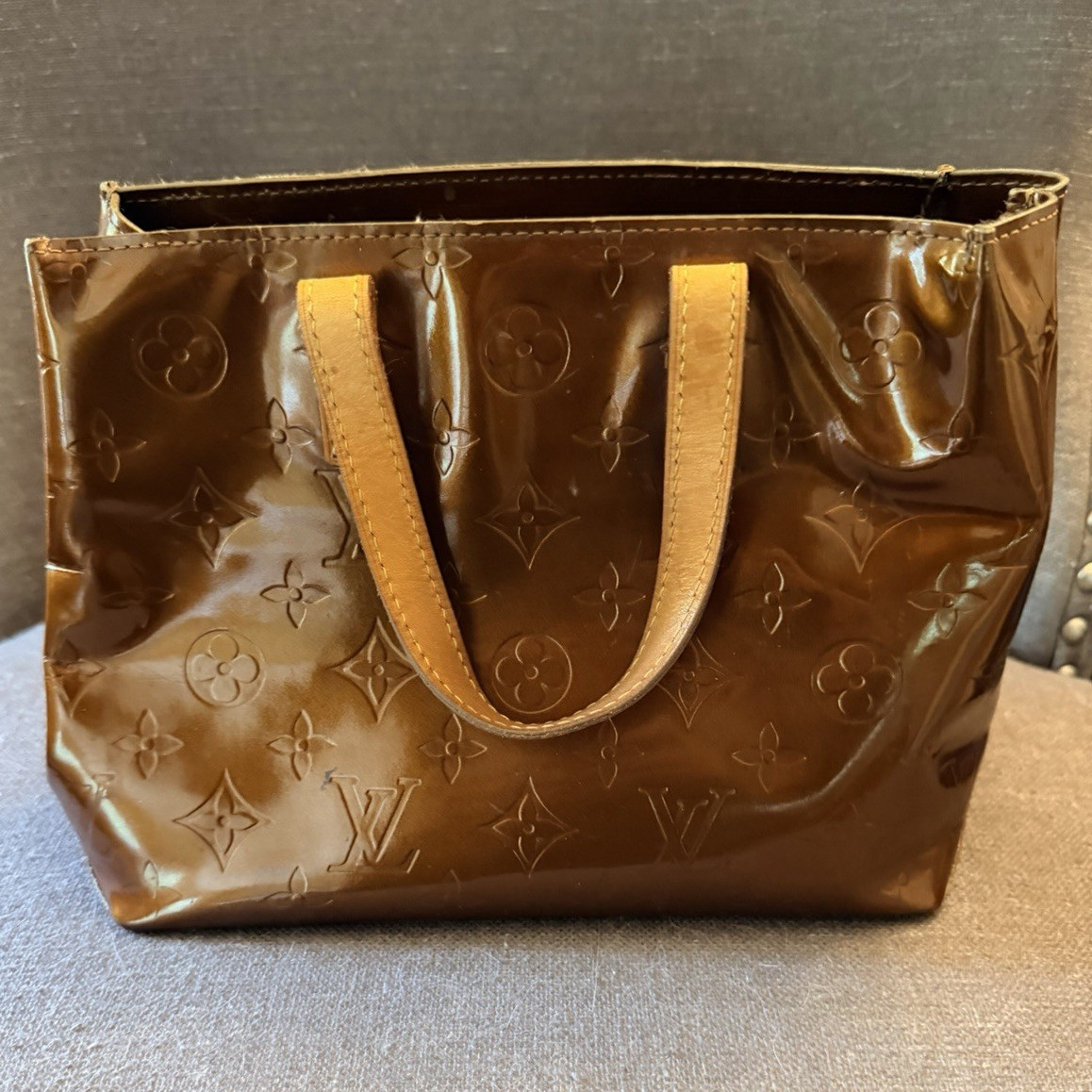 Louis Vuitton Brown Monogram Vernis Tote Bag Zip Double Handles Gold HW