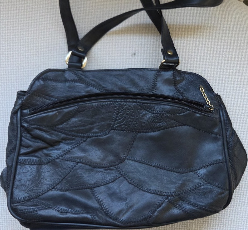 Mitzi Black Patchwork Shoulder Bag with Gold Hardware and Zipper Accents