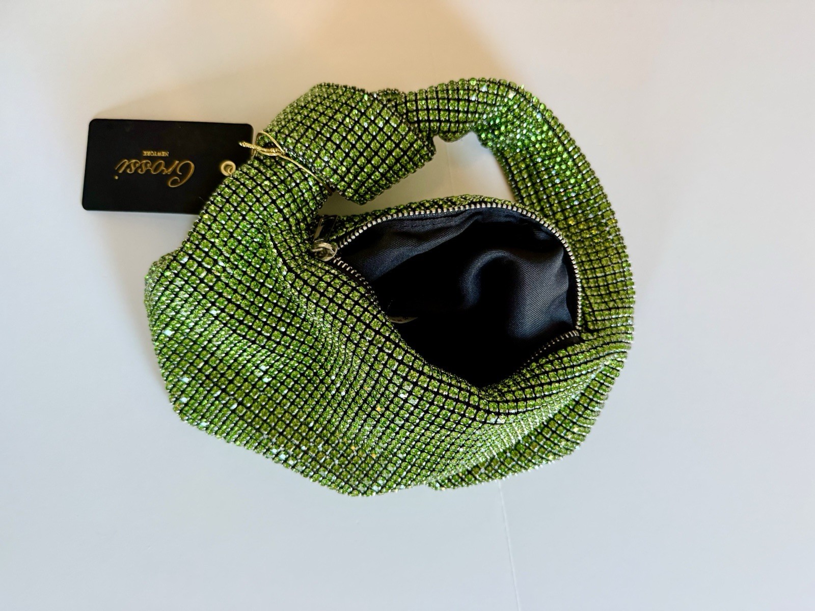 Crossi Green Rhinestone Crystal Mesh Handbag Knot Handle Party Clutch Bag