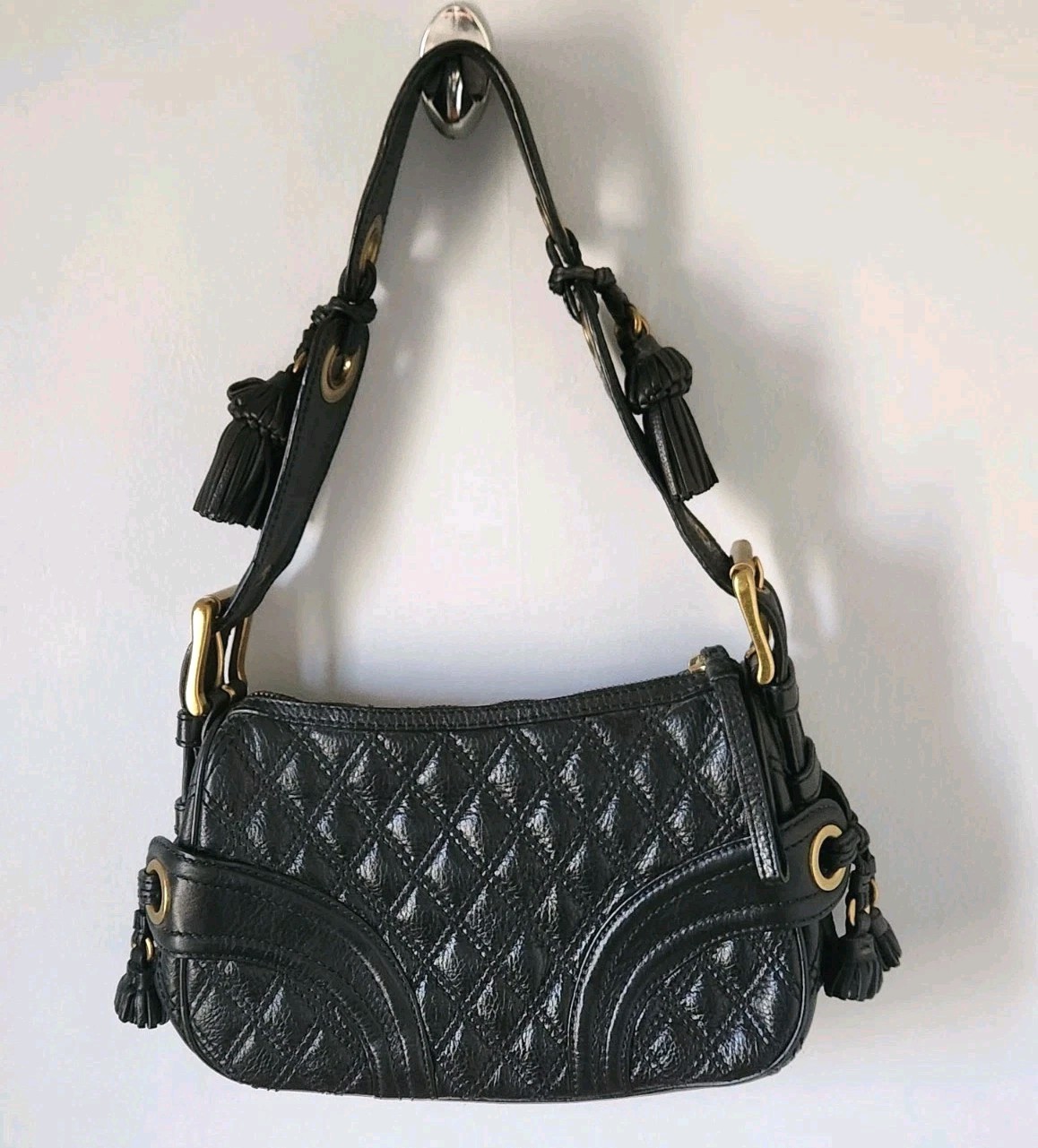 LOCKHART QuiIted Tassled Over-the-Shoulder Leather Bag Black Gold Hardware