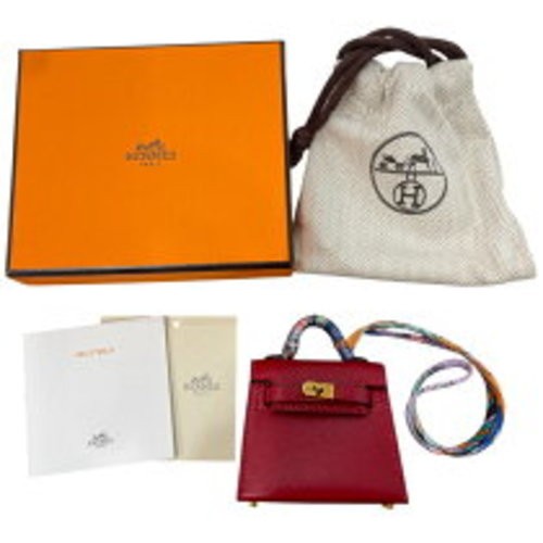 Hermes Kelly Twilly Bag Charm Rouge Vif Gold Tadelakt Z Stamp Used w/Box Dustbag