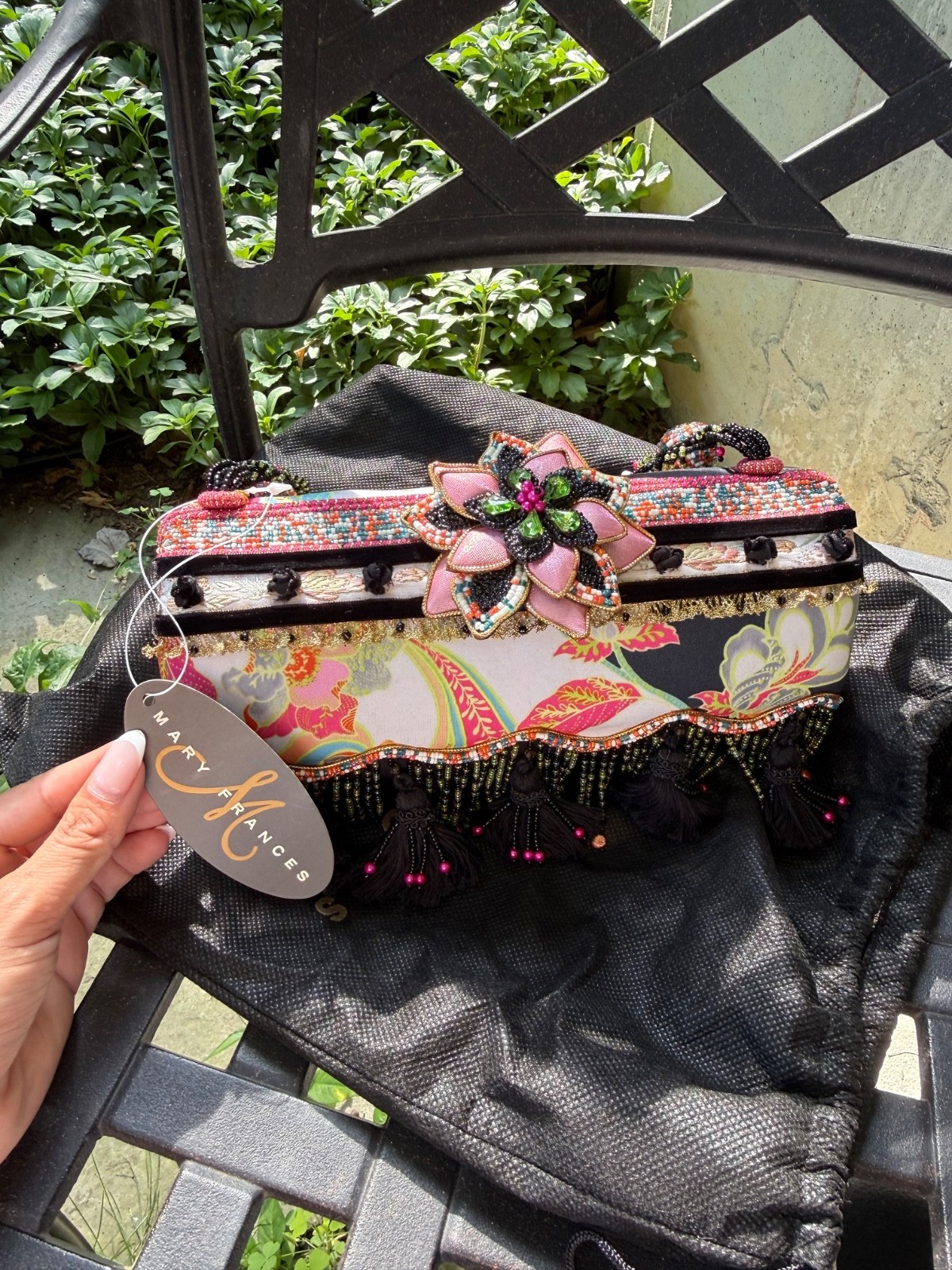 Mary Francis Beaded Handbag with Flower accents. New with original box/dust bag