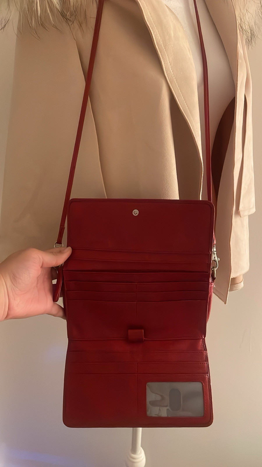 Magellan’s Red Small Leather Crossbody Bag Detachable Strap Zip/Magnetic Silver