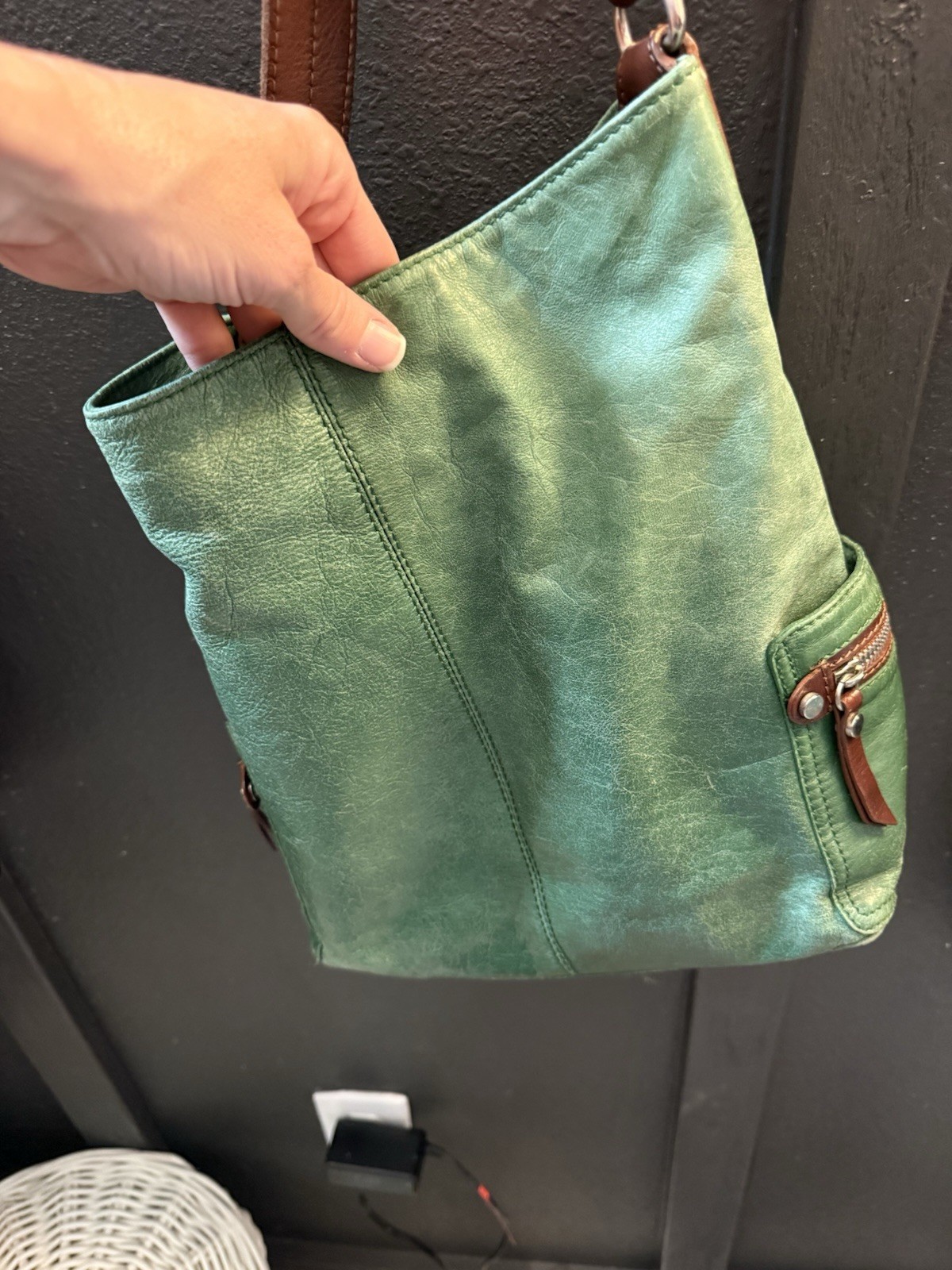 Tano Green Shoulder Bag Brown Strap Silver HW Zip/Magnetic Pockets Lined