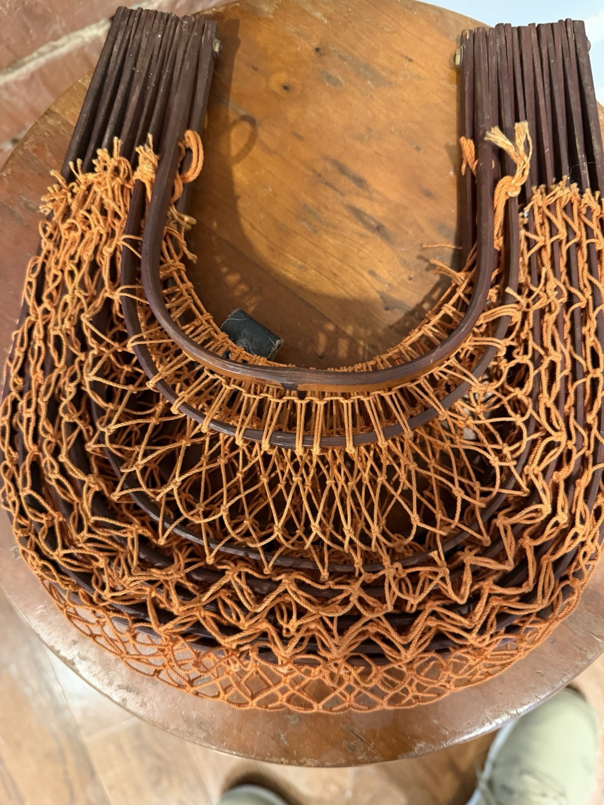 Vtg 1950s Japanese Folding Bamboo Basket Purse Orange Fishnet Collapsible Bag
