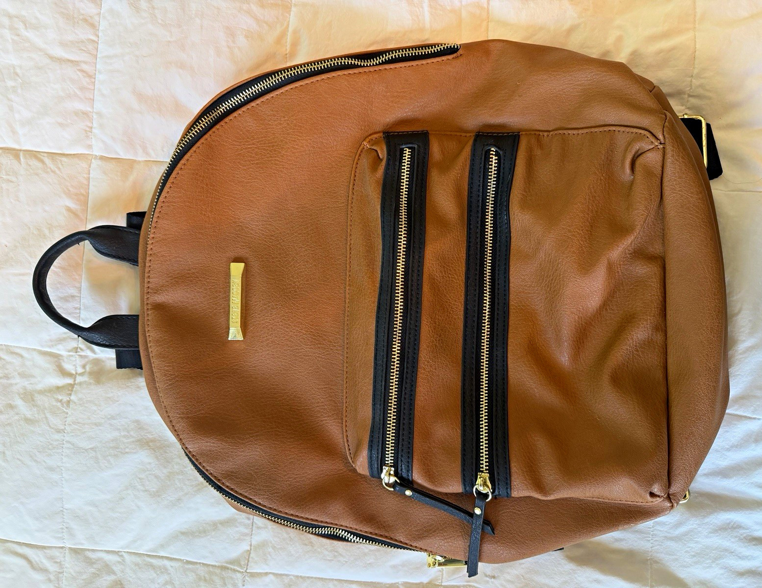 Steve Madden Brown Backpack Black Straps Gold Hardware Zip Logo, Inner Pockets