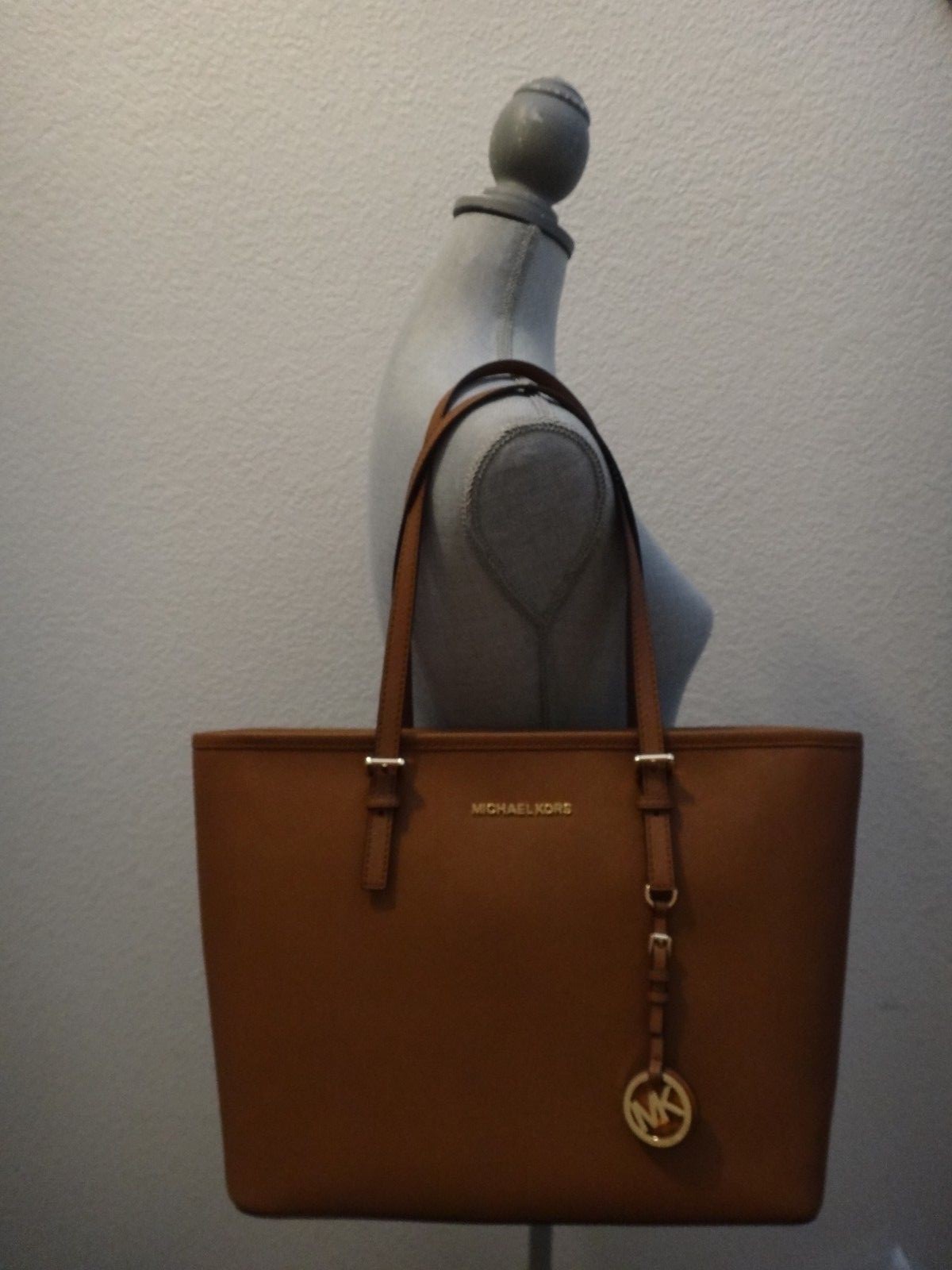 MICHAEL KORS MK Travel Tote Bag Brown Luggage Saffiano Leather Gold 38H8GTVT9L
