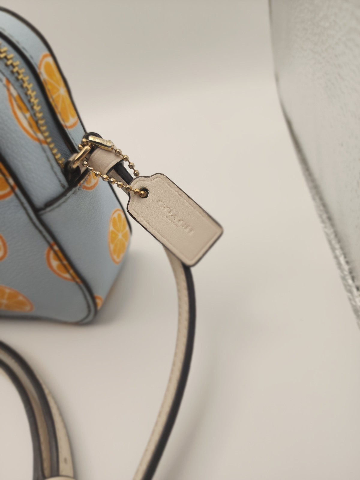 Coach Orange Slice Citrus Mini Camera Crossbody Handbag Purse Blue Orange
