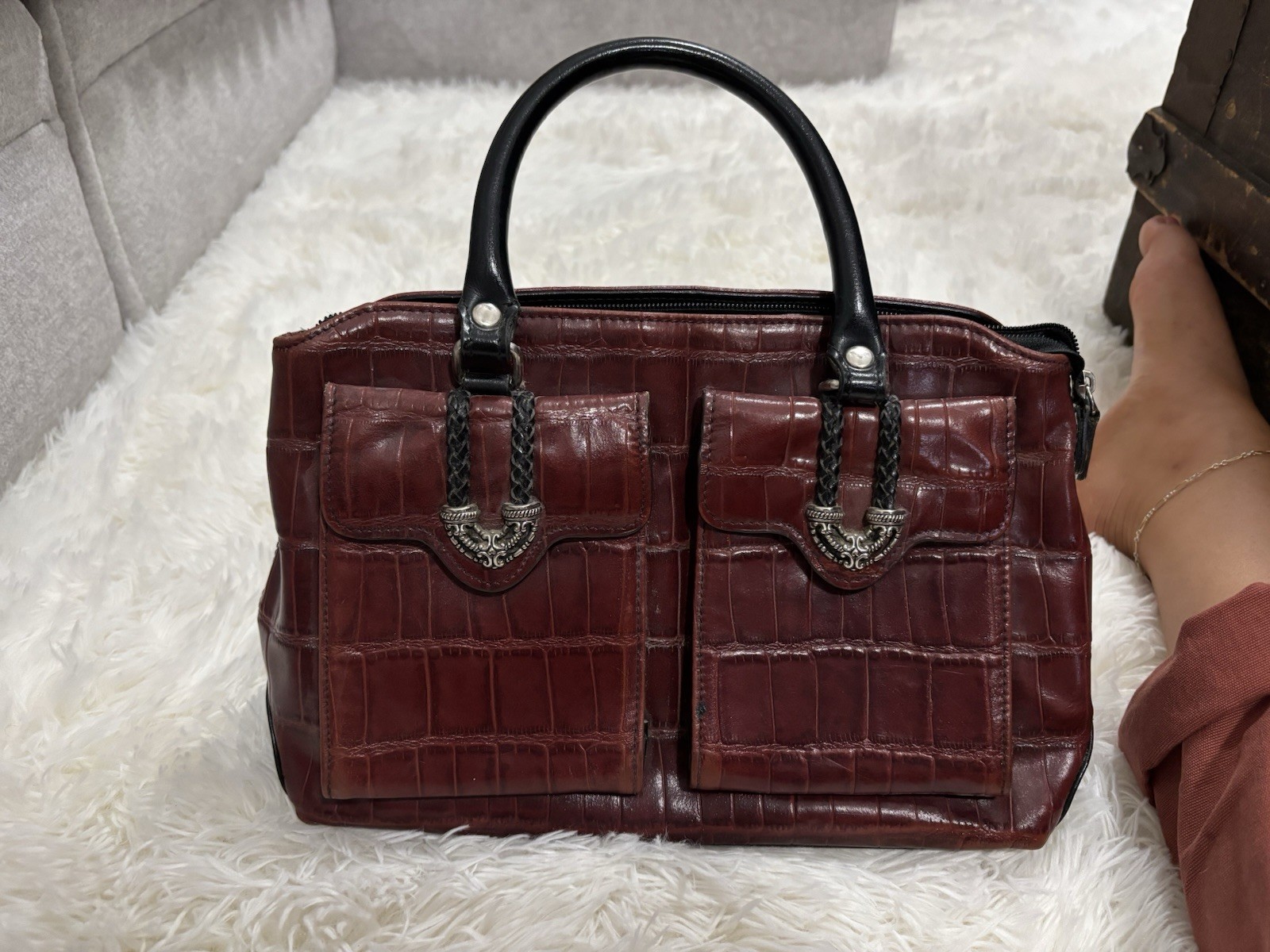 MC burgundy Embossed Animal Print Satchel Top Handle Bag Black Handles