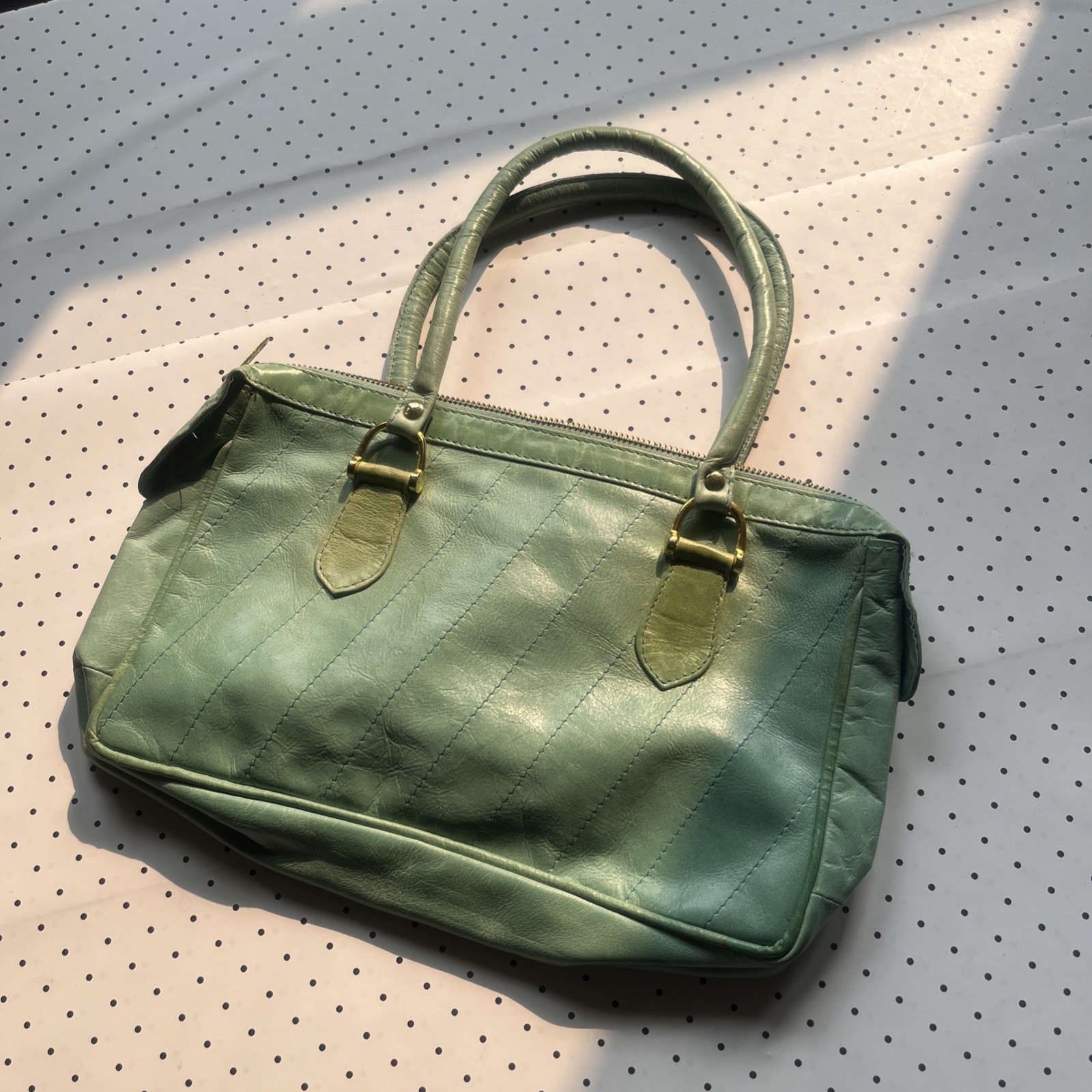 Vintage Mint Green Genuine Leather Satchel Purse Zip Top Brass Top Handle