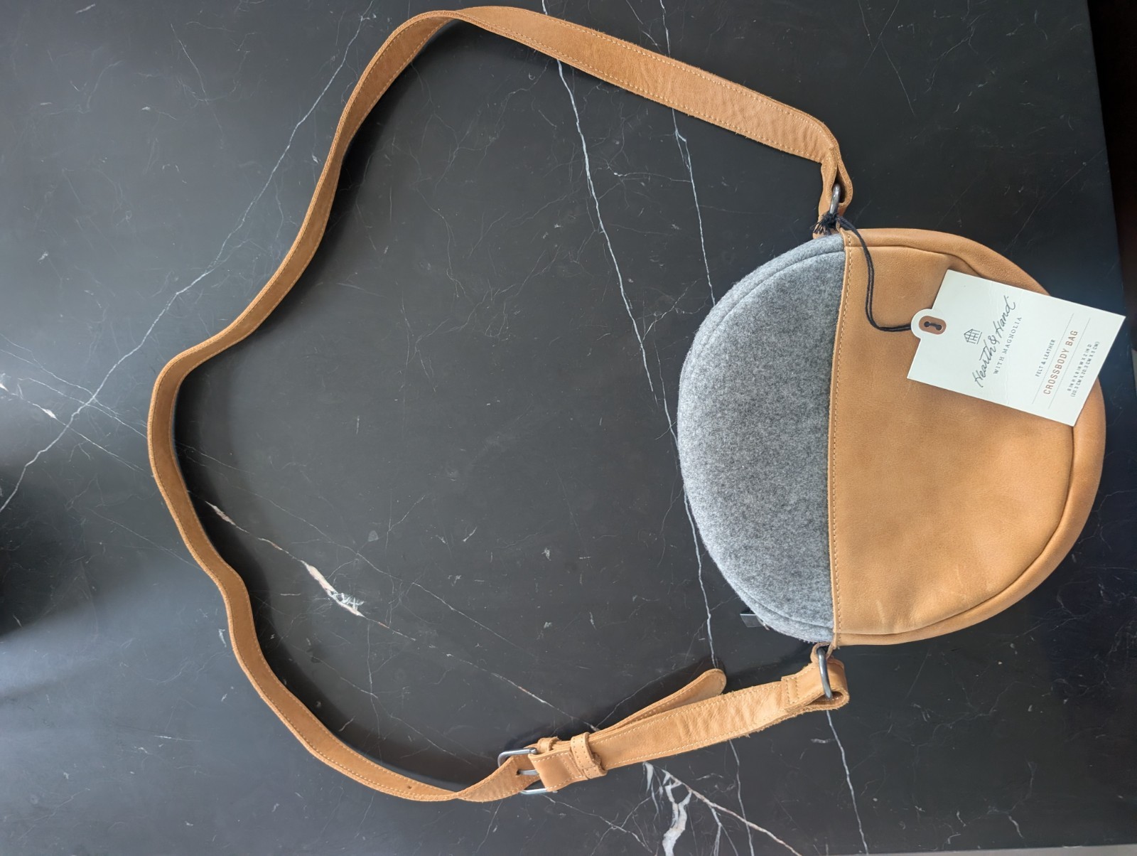 Hearth & Hand w/Magnolia | Round Felt & Leather Crossbody; Grey/Camel color