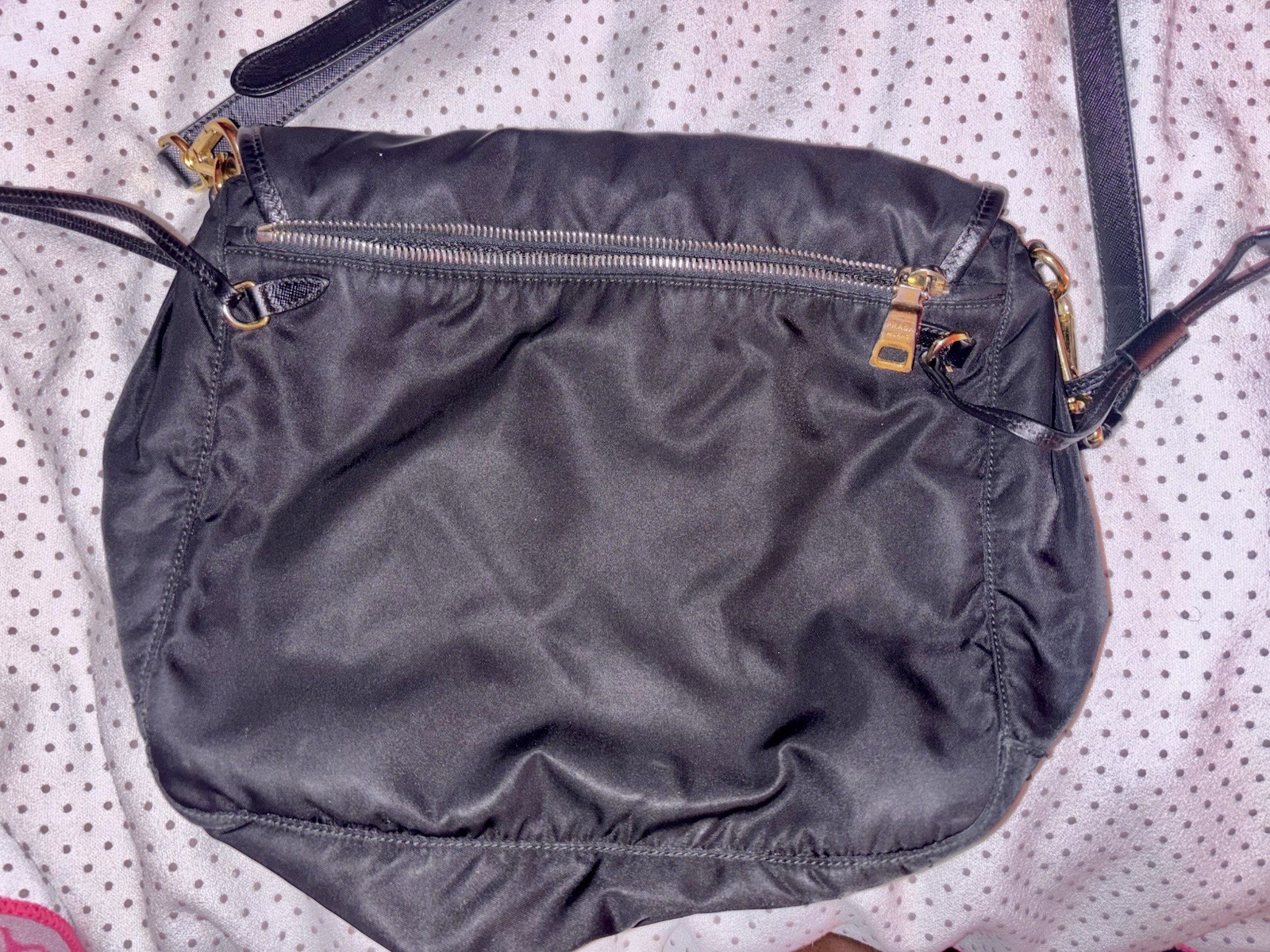 PRADA Black Crossbody Bag Gold Hardware Buckle Accent Zip Pockets