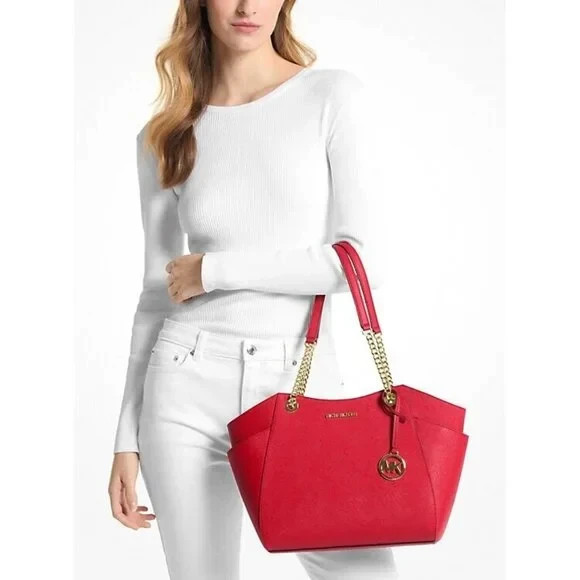 Michael Kors Women’s Jet Set Large Logo Tote Bag Zip Shoulder Bag Leather Red.