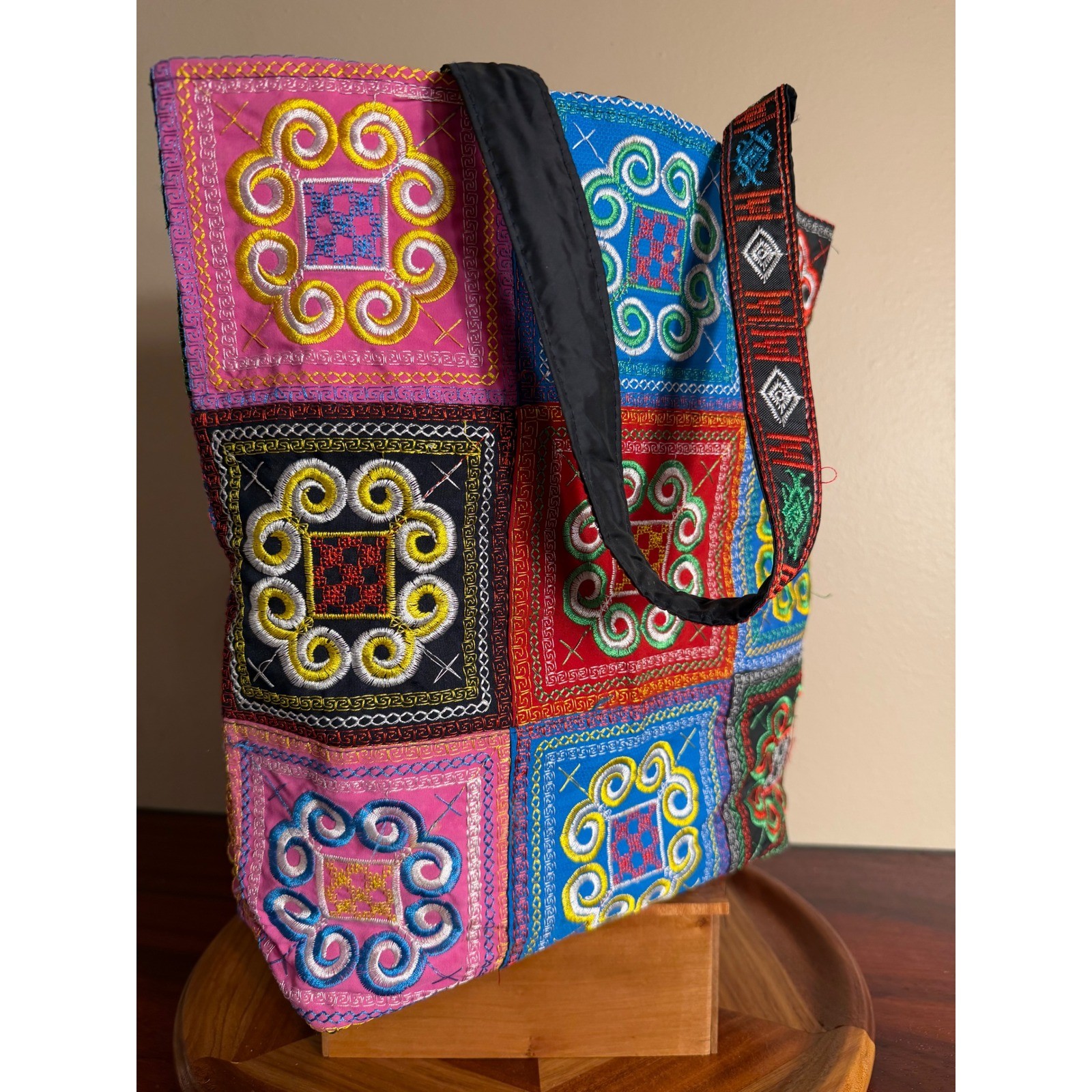 Hmong Embroidered Tote Bag Boho Patchwork Tribal Shoulder Bag Multi Color Zipper