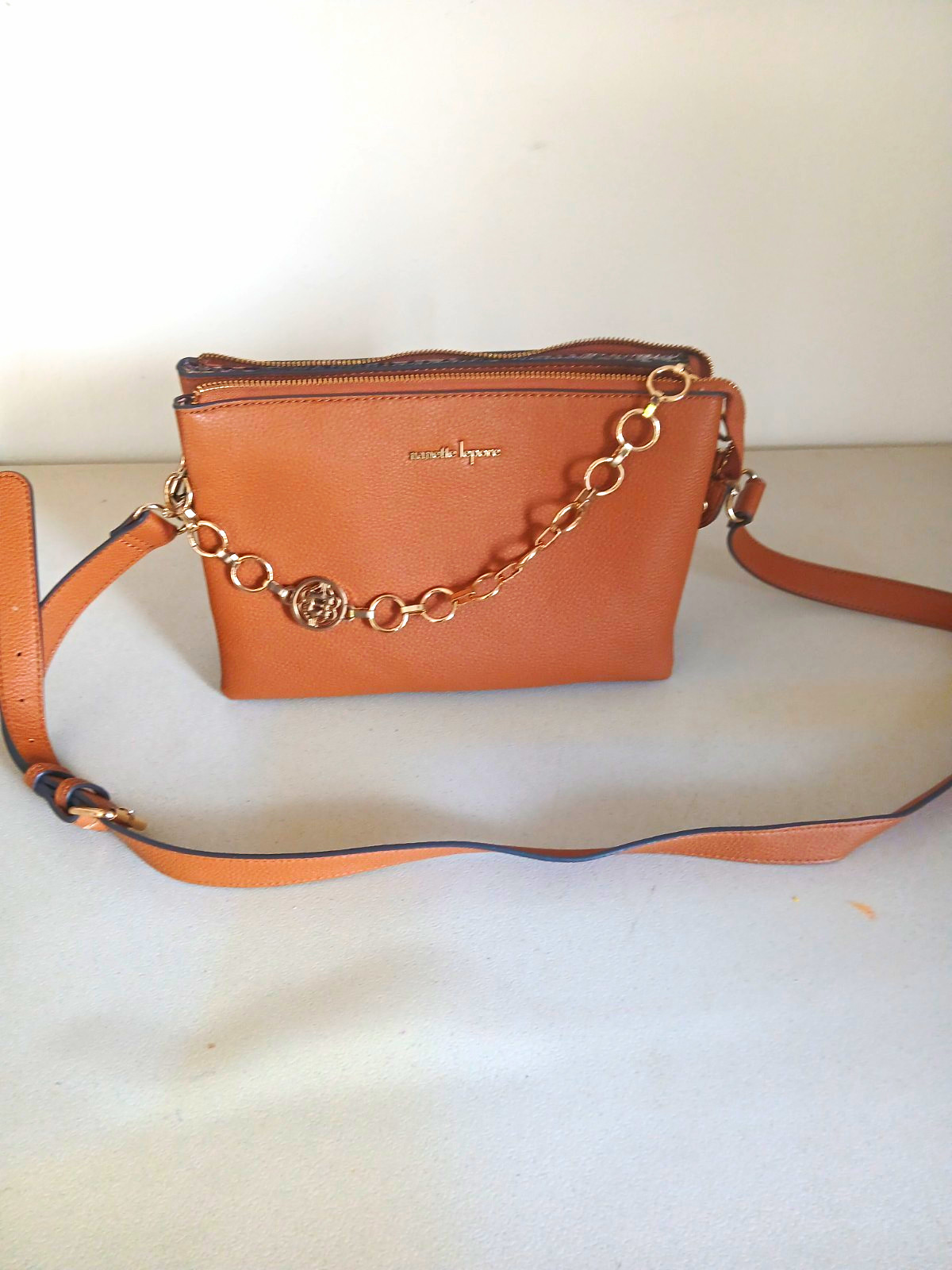 Nanette Lepore Women’s Brown Crossbody Bag, Zip, Gold Chain, Detachable Strap