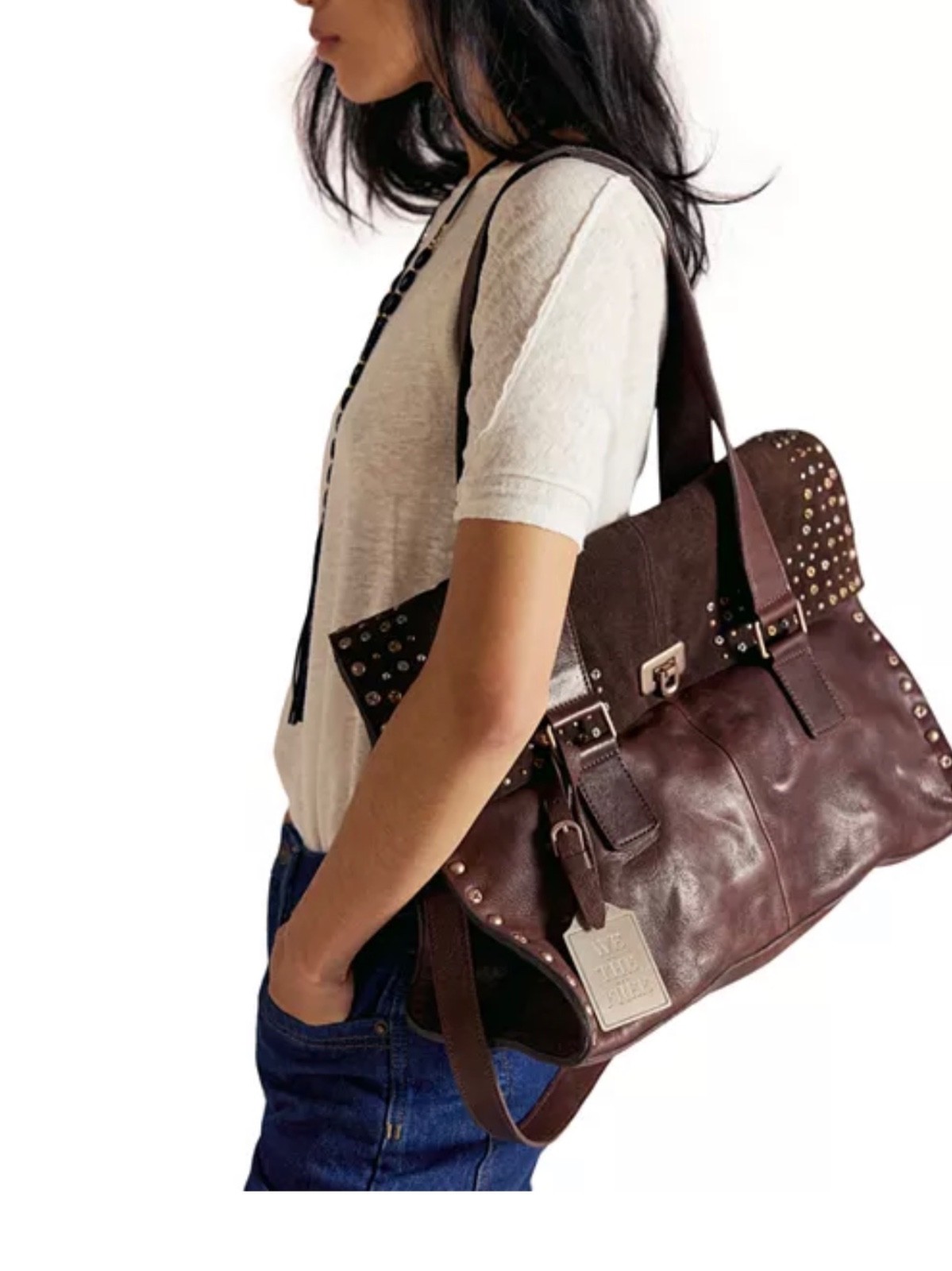 Free People We The Free Shay Stud Tote Leather 90s Heritage Travel Boss $298