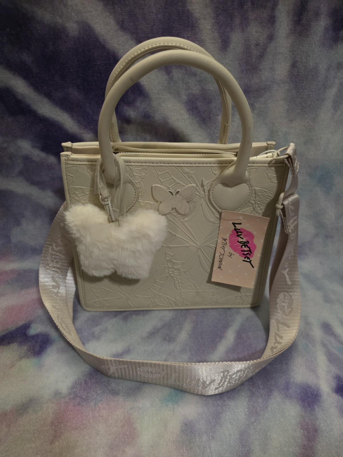 White Ivory BETSEY JOHNSON Crossbody Top Handle Satchel Purse Charm Butterfly