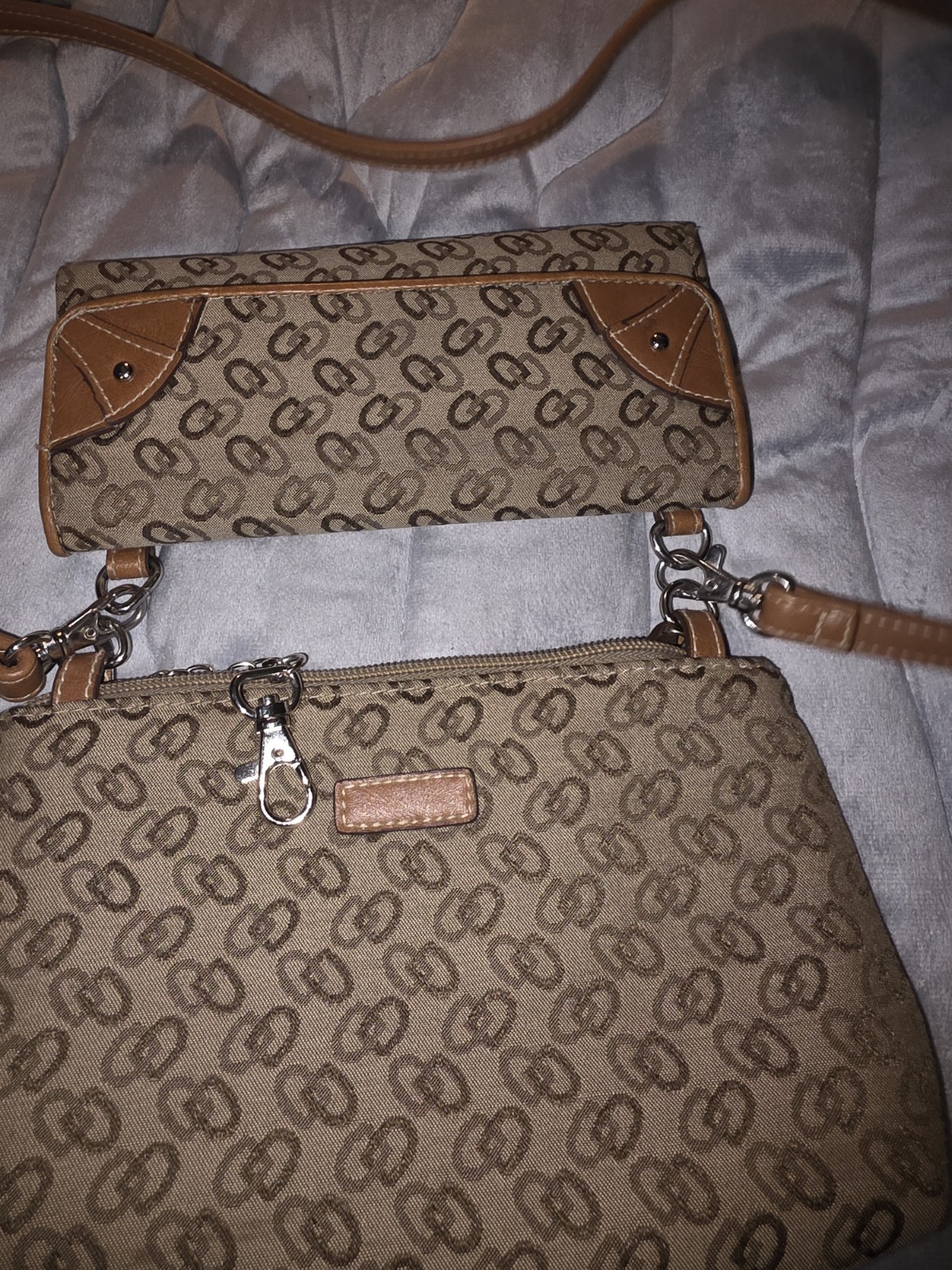 Beige Brown Logo Crossbody Bag Zip Snap Detachable Adjustable Strap Silver