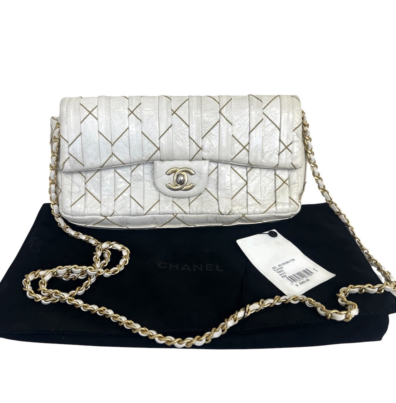 Genuine Chanel Flap Bag Gold Thread White Crinkled Lambskin w/Tag 29* Serial