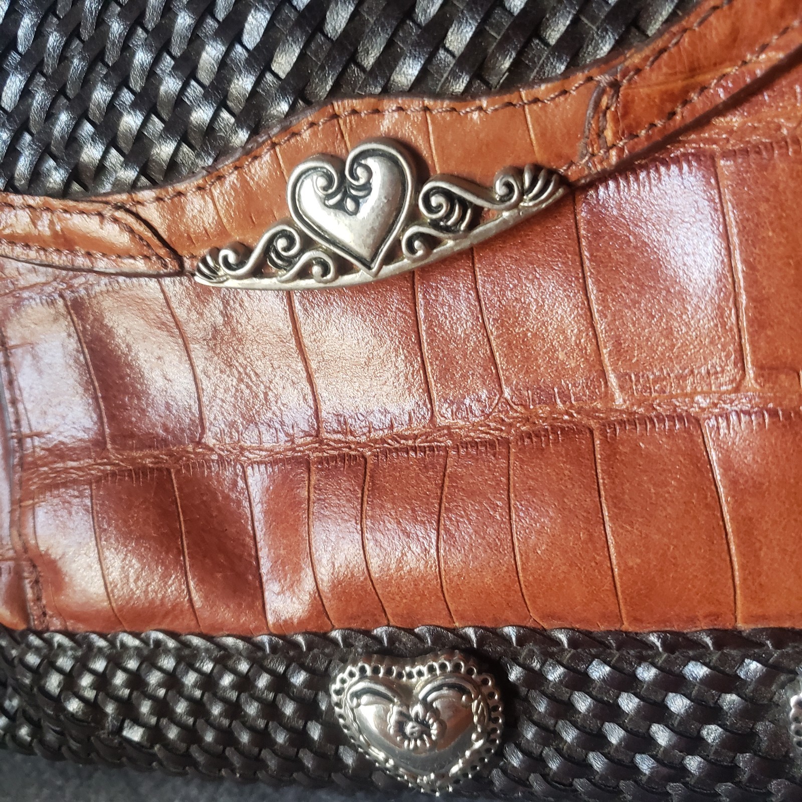 Vintage Marc Chantal Brown Embossed Leather Purse Silver Toned Hearts 10x12x5.5
