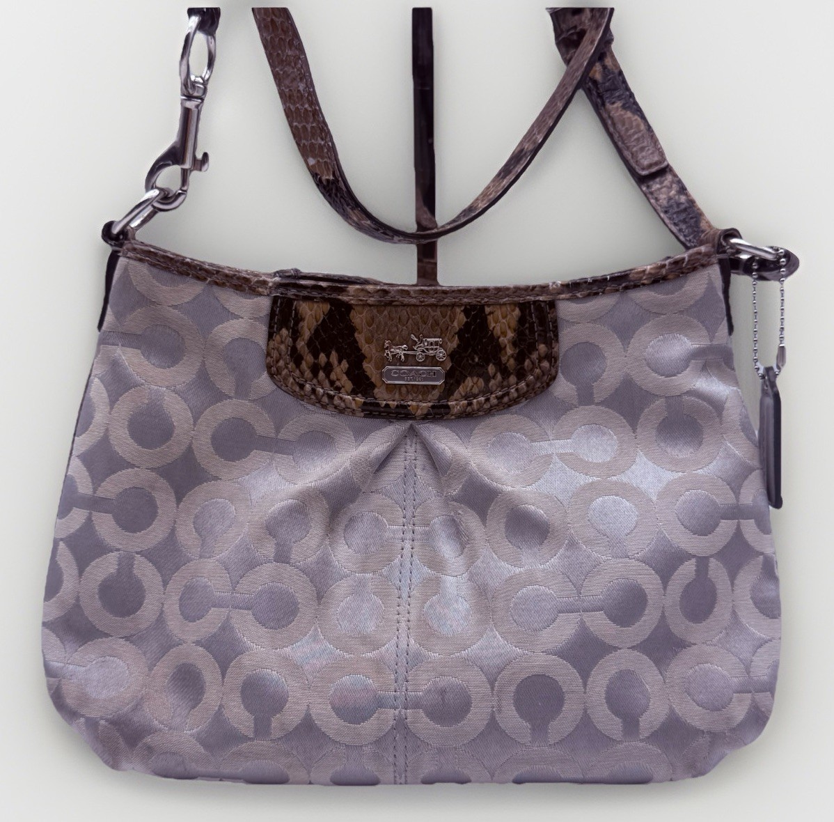 coach Madison Op Art Steel Gray Sateen Swingpack With Snake Embossed Trim
