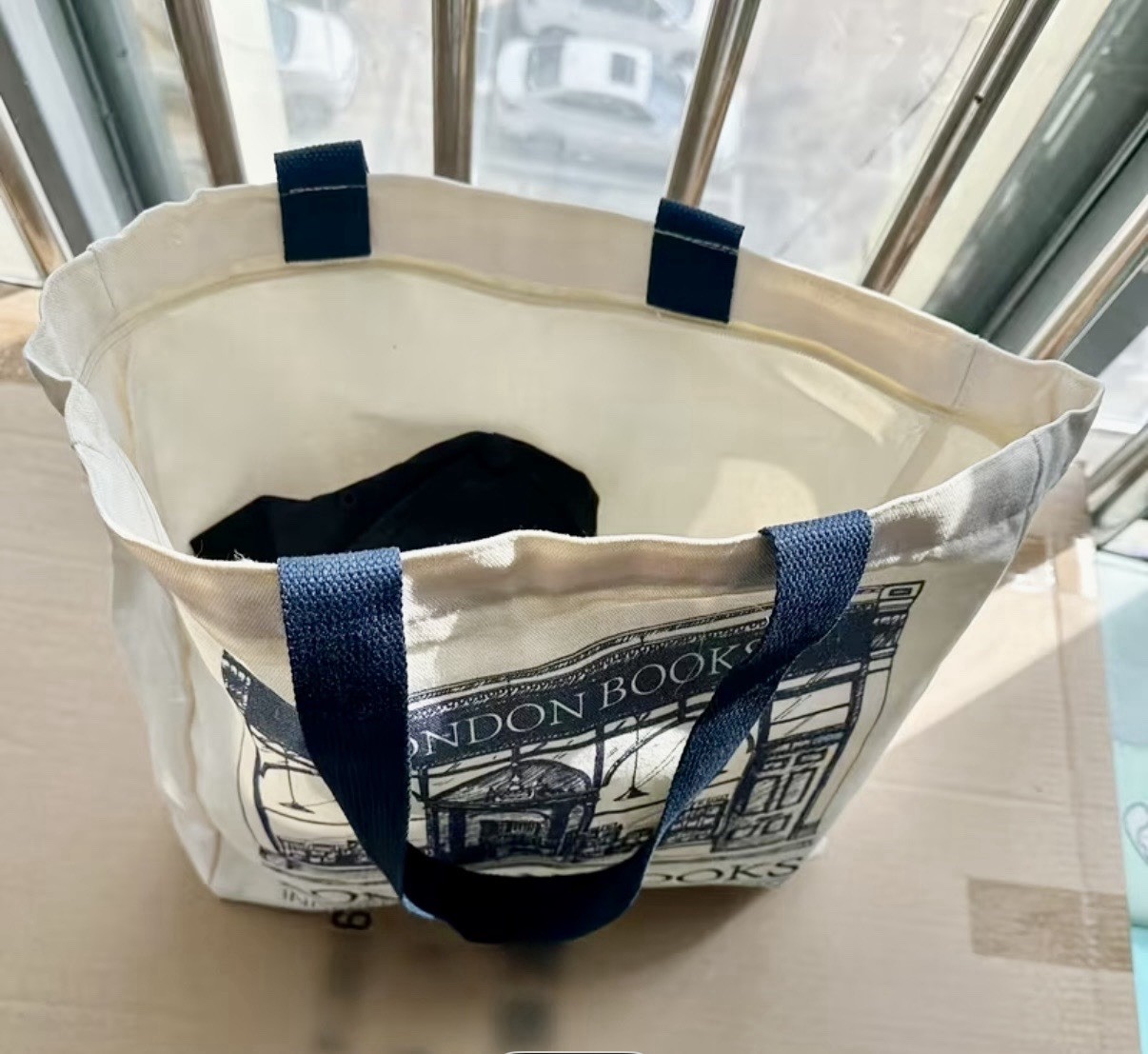 Canvas Tote Bag w/Blue Handles & London Bookstore Design