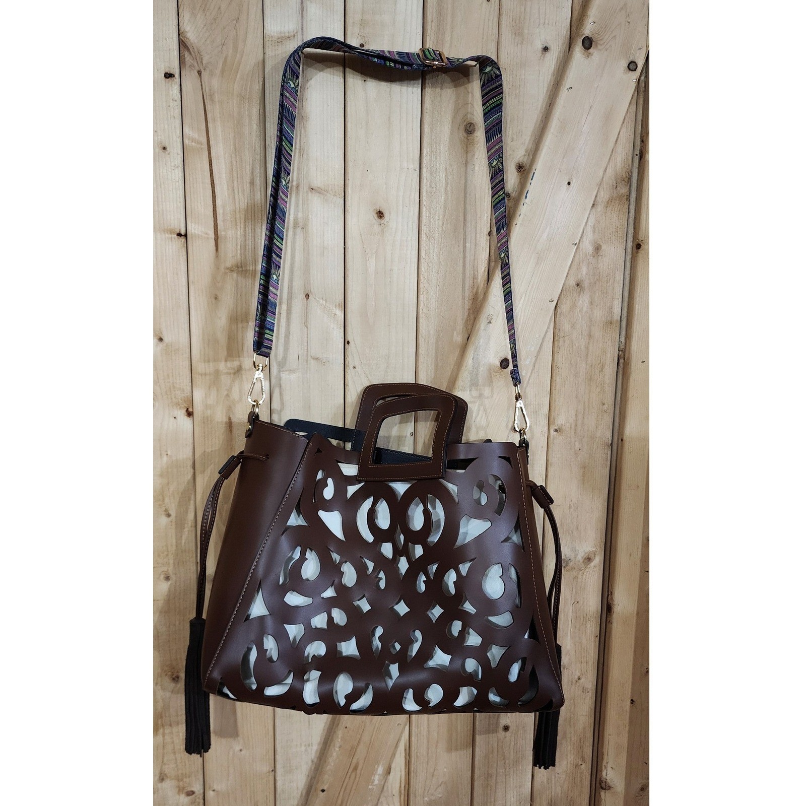 A. Bellucci Italy Brown Leather Laser Cut Tote Bag Guitar Strap Tassel Handbag