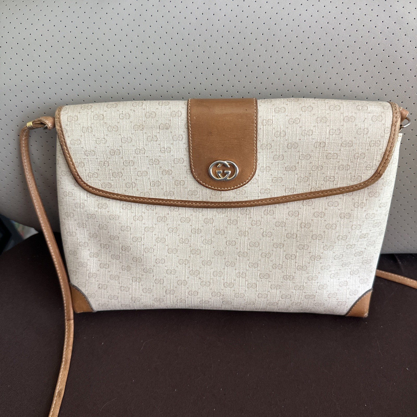 GUCCI Micro GG Shoulder Bag PVC Leather Beige Brown USED