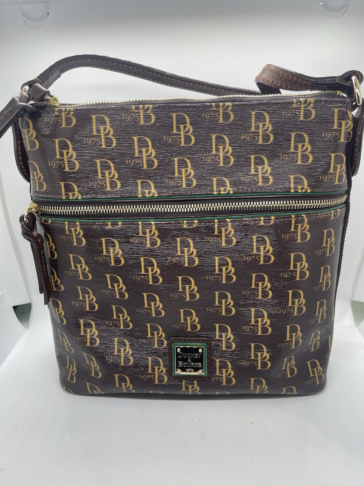 DOONEY & BOURKE MONOGRAM CANVAS w/ LEATHER Trim Letter Carrier CROSSBODY BAG