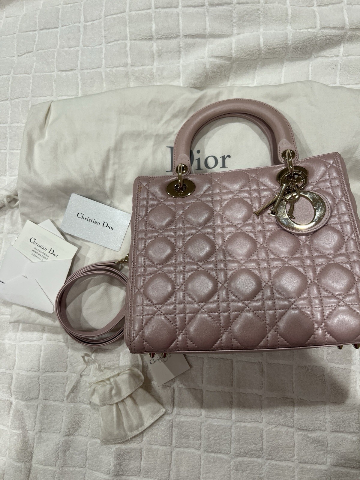Dior Pearl Pink Gold Lambskin Lady Dior Five Flap Top Handle Crossbody Bag