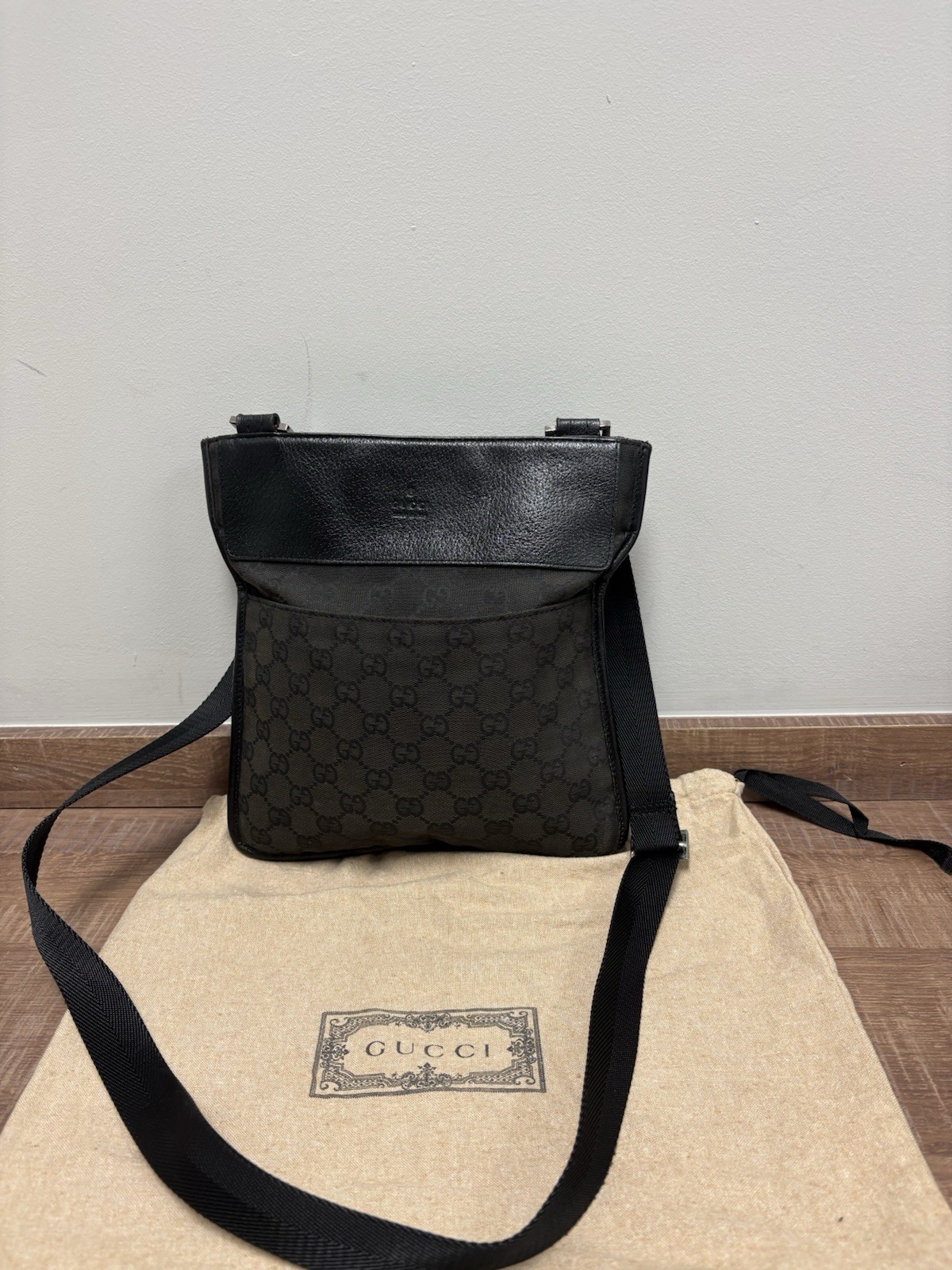 Gucci GG Pattern Black Crossbody Bag Zip Closure Silver Hardware Dust Bag