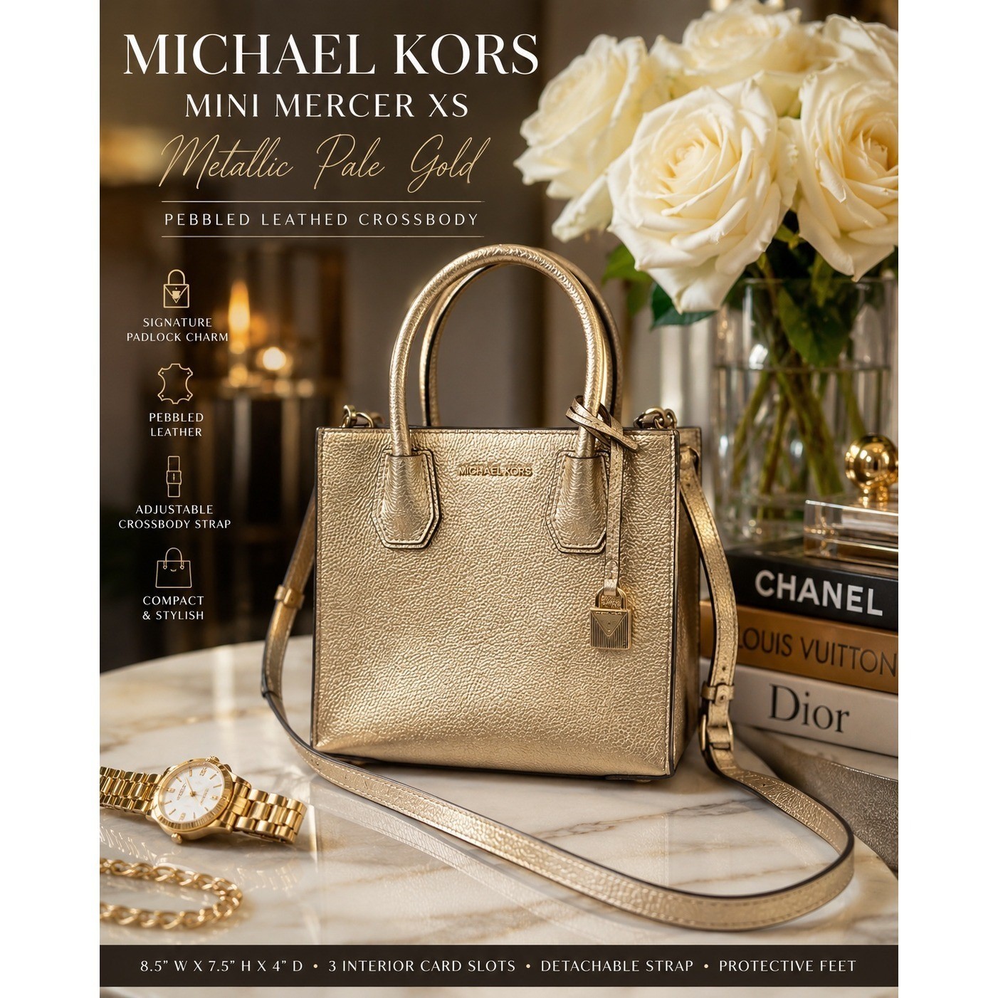 Mercer Small Metallic Pale Gold Pebbled Leather Crossbody Satchel